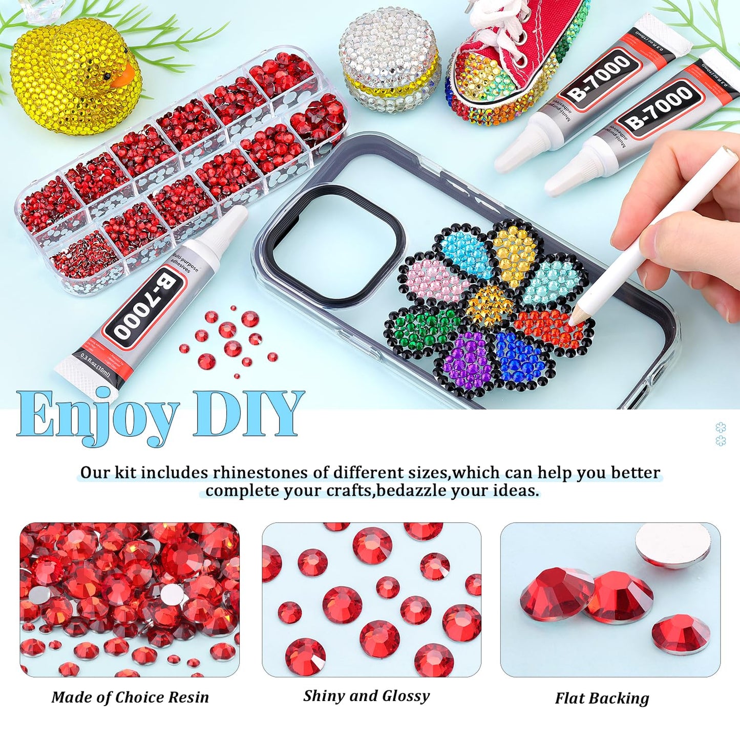 6000Pcs Resin Rhinestones for Bedazzling with 3Pcs B7000 Jewelry Glue, 1 Box Red Flatback Rhinestones for Crafting Crafts DIY, Crystals Gems for Clothing Shoes Tumblers Nail Art Makeup