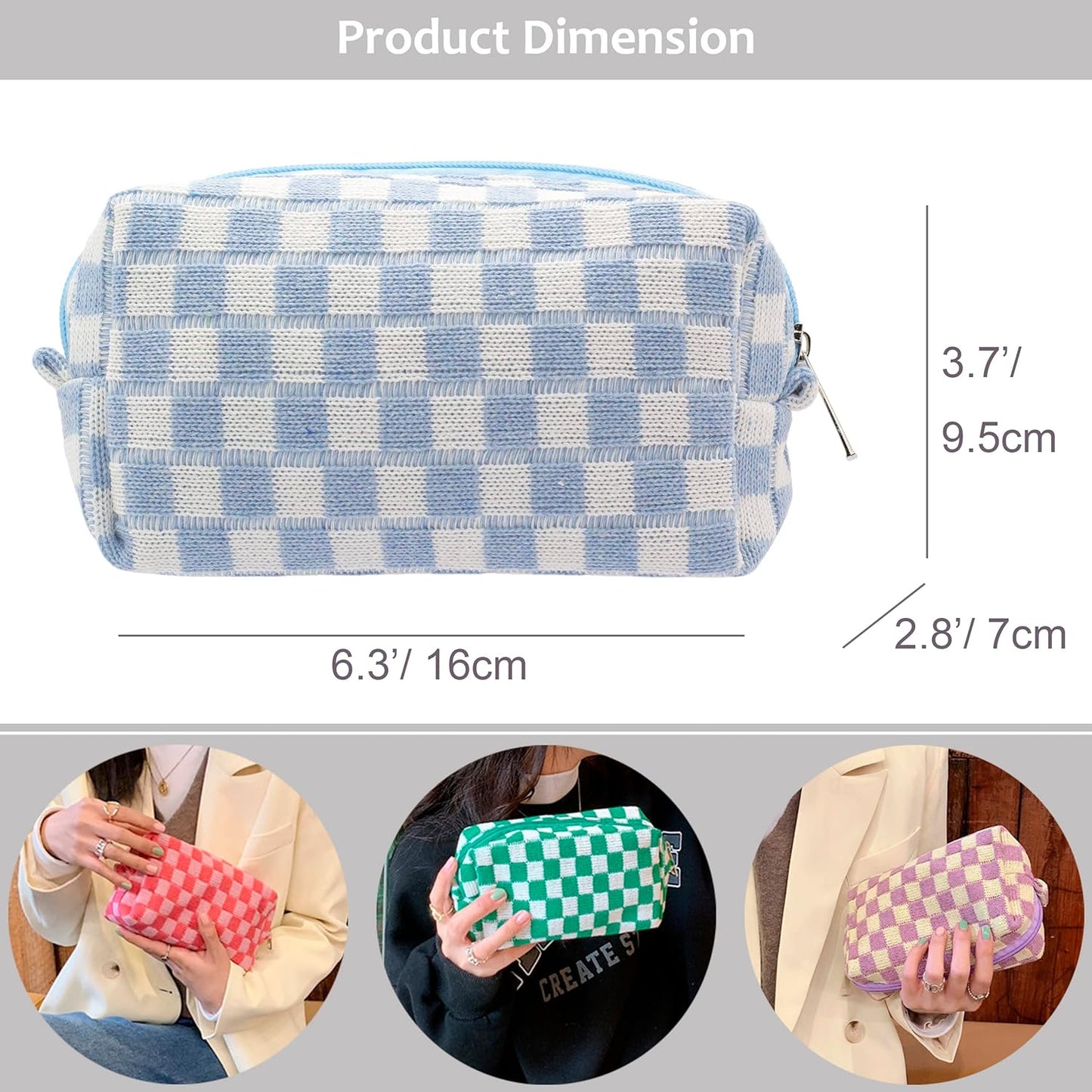 PAZIMIIK Checkered Makeup Bag for Purse Portable Zipper Make Up Pouch Small Cosmetic Case for Travel Accessories (2PCS Blue Hotpink)