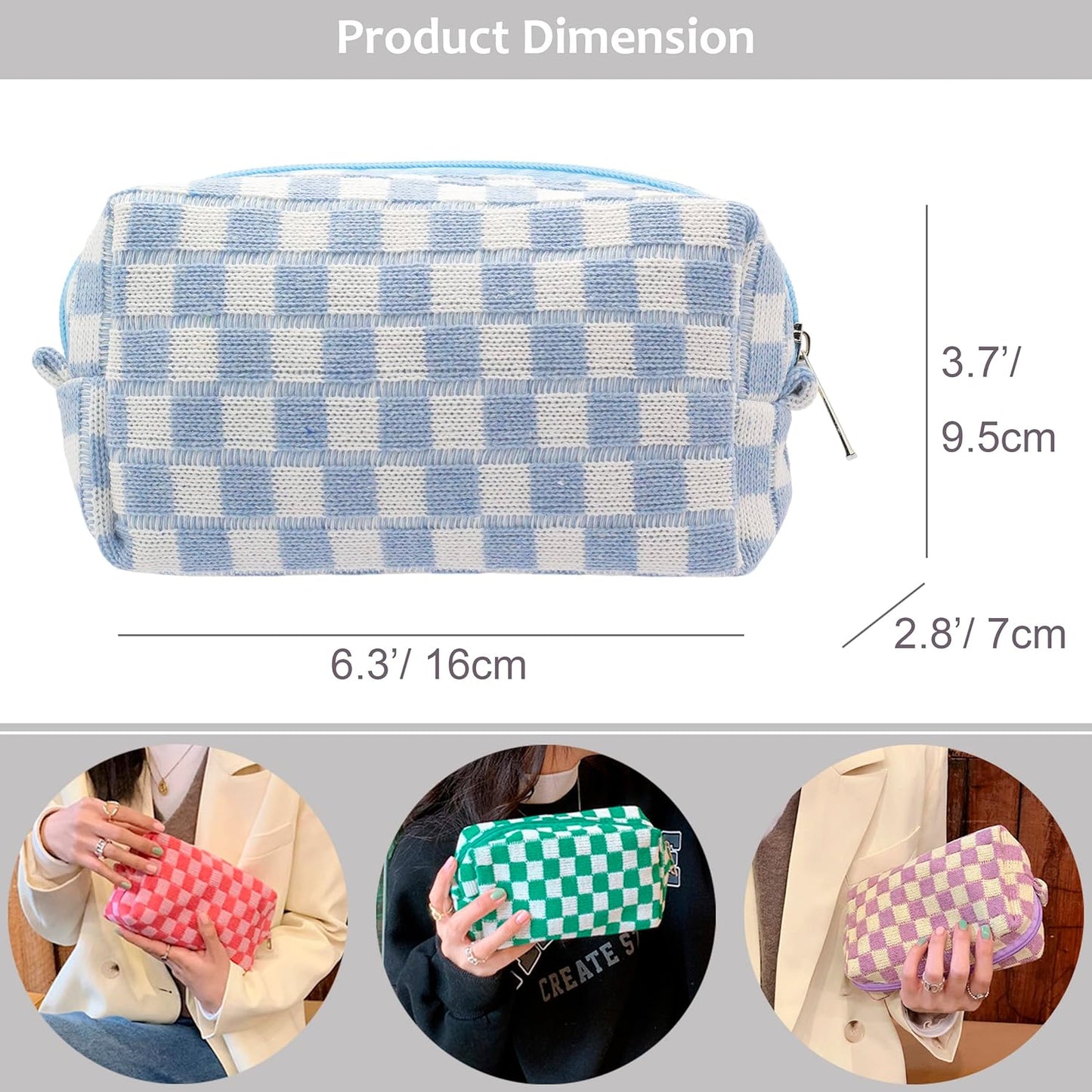 PAZIMIIK Checkered Makeup Bag for Purse Portable Zipper Make Up Pouch Small Cosmetic Case for Travel Accessories (2PCS Blue Light Green)
