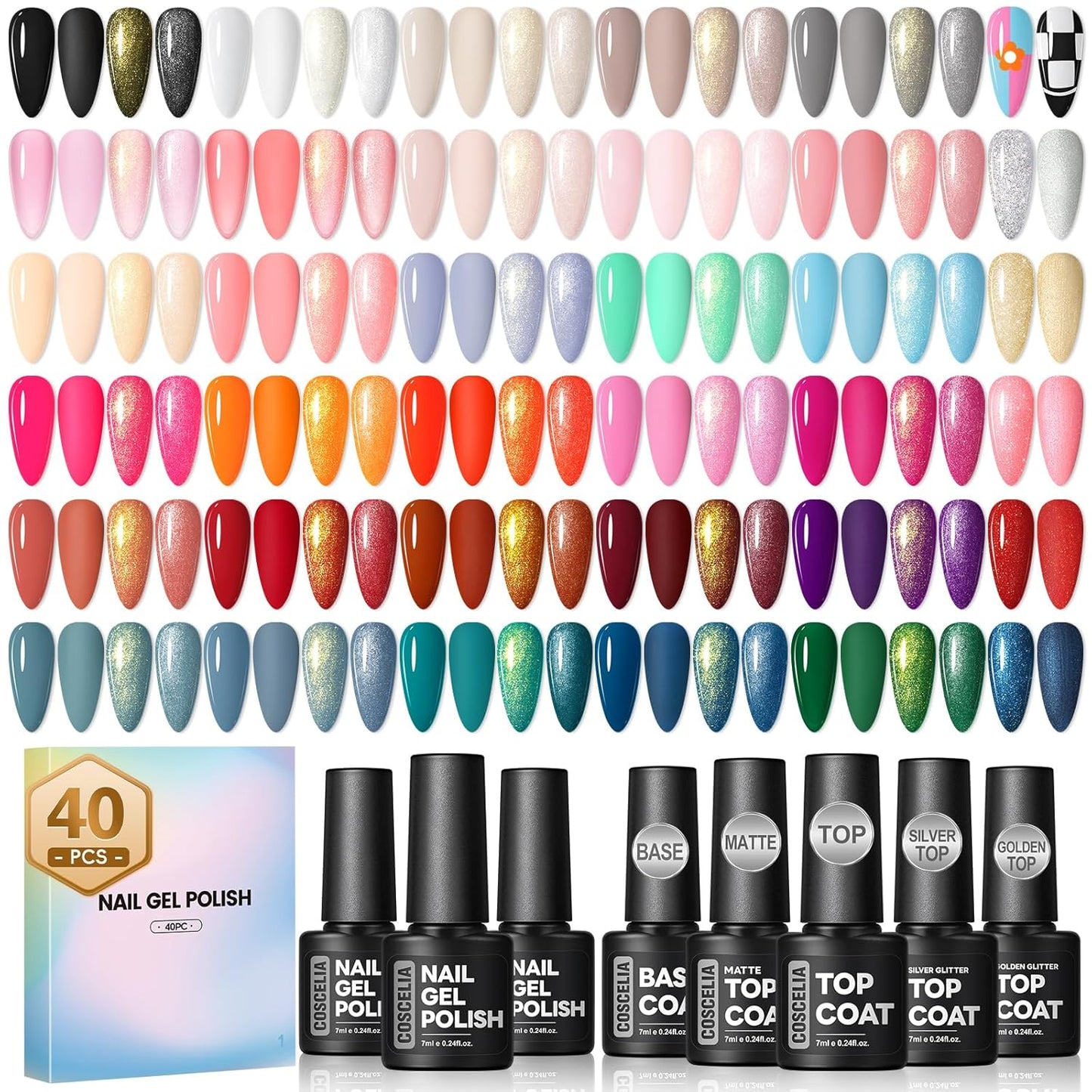 COSCELIA 40PCS Gel Nail Polish Set, 7ml 35 Colors Gel Polish with 5pcs Top and Base Coat Nude White Pink Red Green Blue Fall Colors All Seasons Nail Art Manicure Starter Kit at Home Gifts for Women