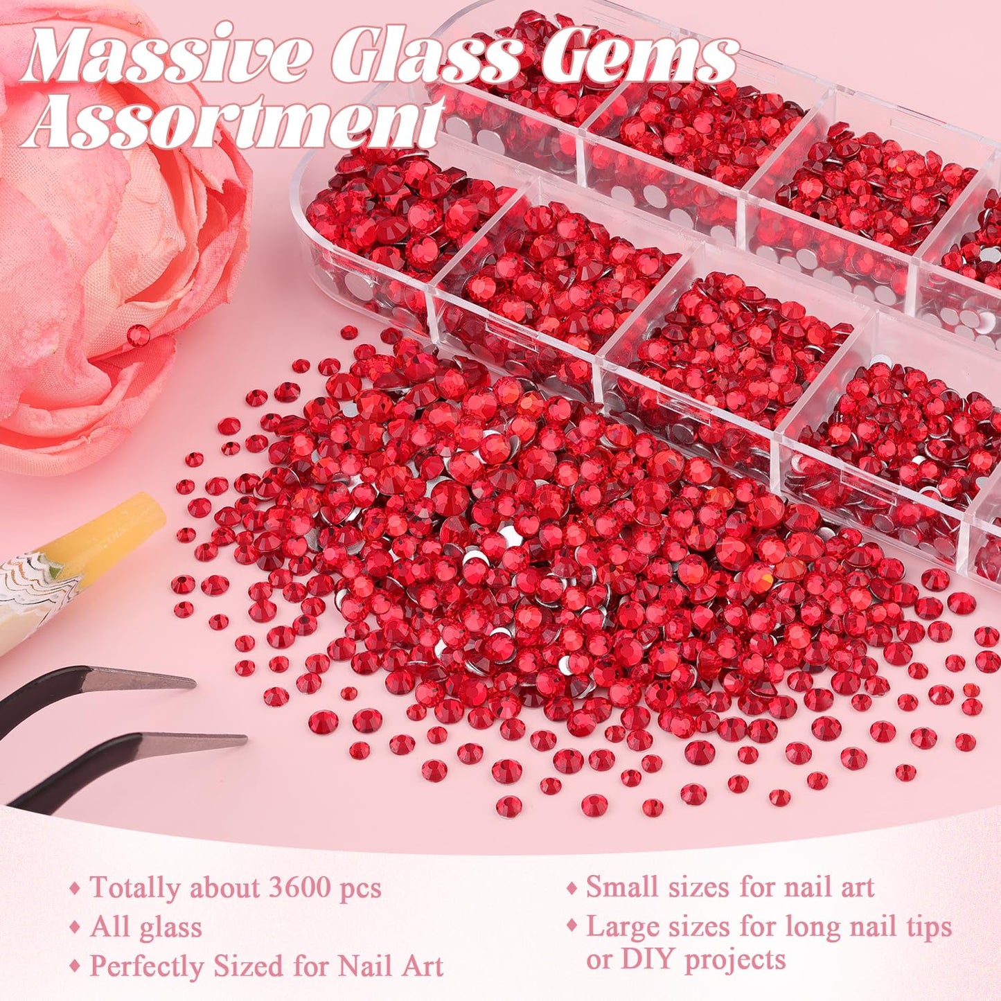 3600pcs Glass Red Nail Rhinestones 6 Sizes(1.8/2/2.4/2.8/3/4mm) Flatback Crystal Nail Charms Jewels Decoration for Nail Art and Crafting, Tweezer and Pickup Pen included