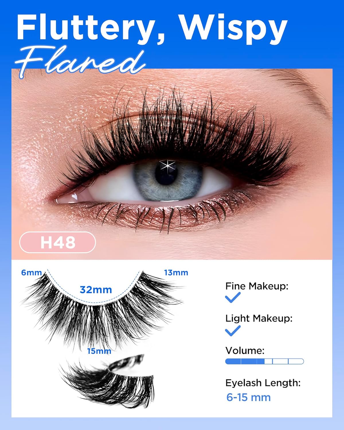 BEYELIAN 14 Pairs False Eyelashes Fluffy D Curl 6-15MM Cat Eye Lashes Wispy, 3D Volume Clear Band Faux Mink Lashes Soft and Lightweight, Reusable, Easy to Apply (14P-HSCS-48)