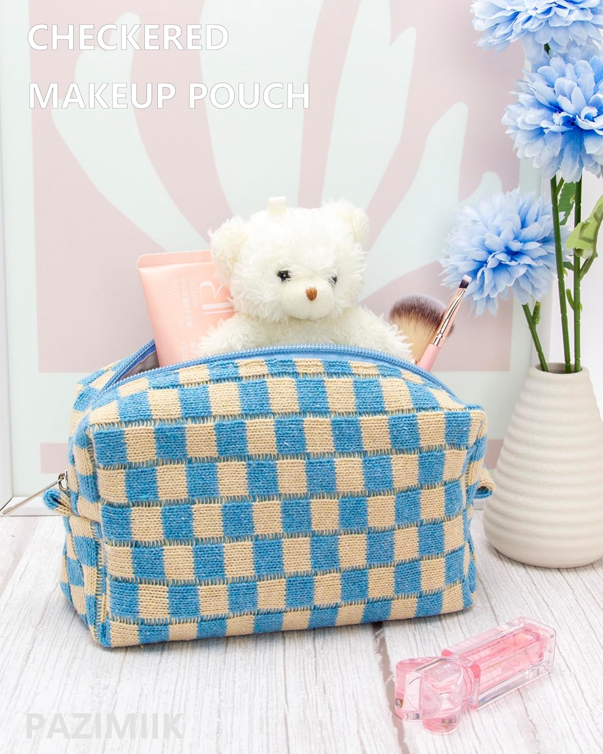 PAZIMIIK Checkered Makeup Bag for Purse Portable Zipper Make Up Pouch Small Cosmetic Case for Travel Accessories Blue Beige