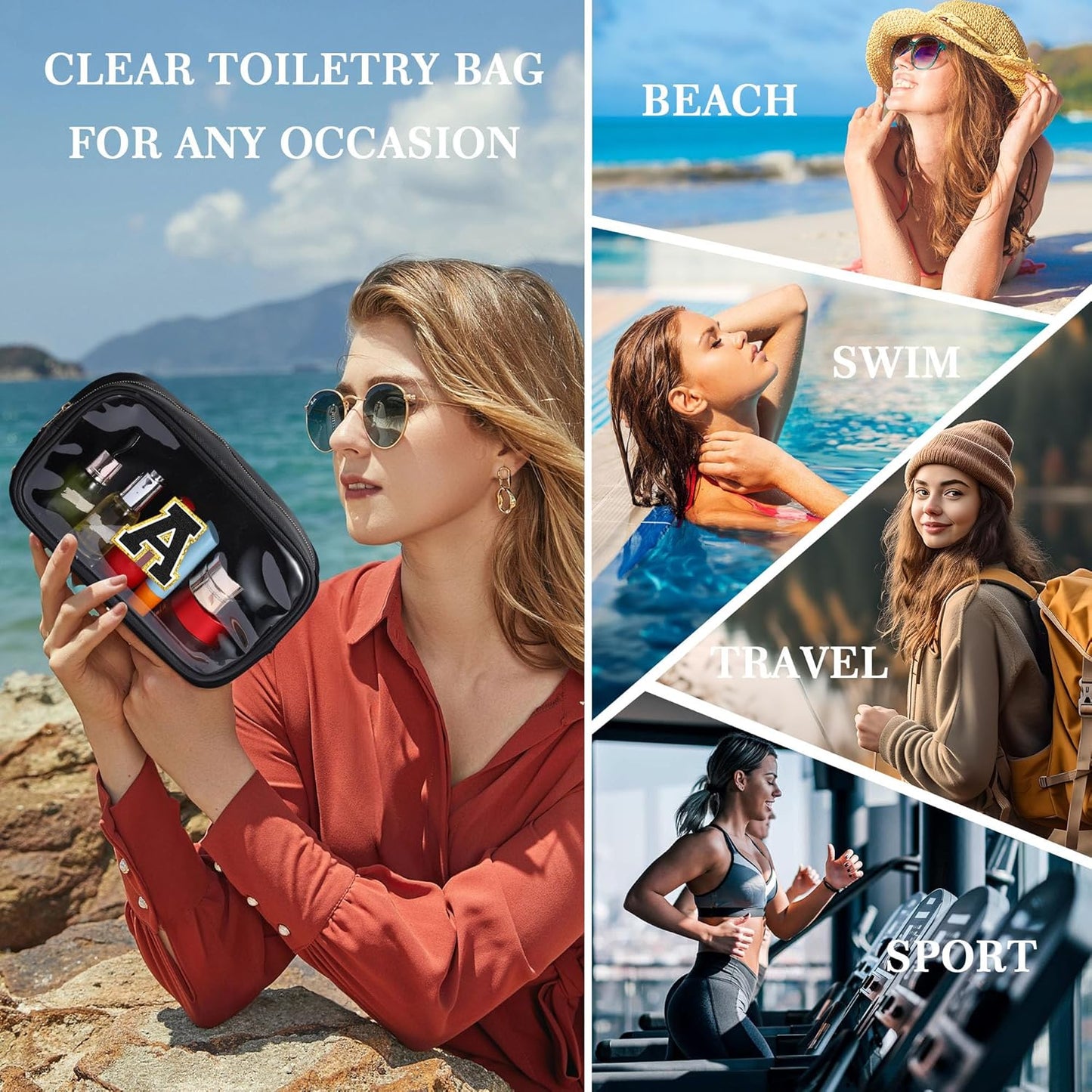 YOOLIFE Initial Make Up Bag Travel Toiletry Bag for Women, Clear Makeup Bag Organizer Cosmetic Bags Travel Essentials Gifts for Women Teen Girlfriend Teacher Mom Birthday Mothers Day Gifts Black E