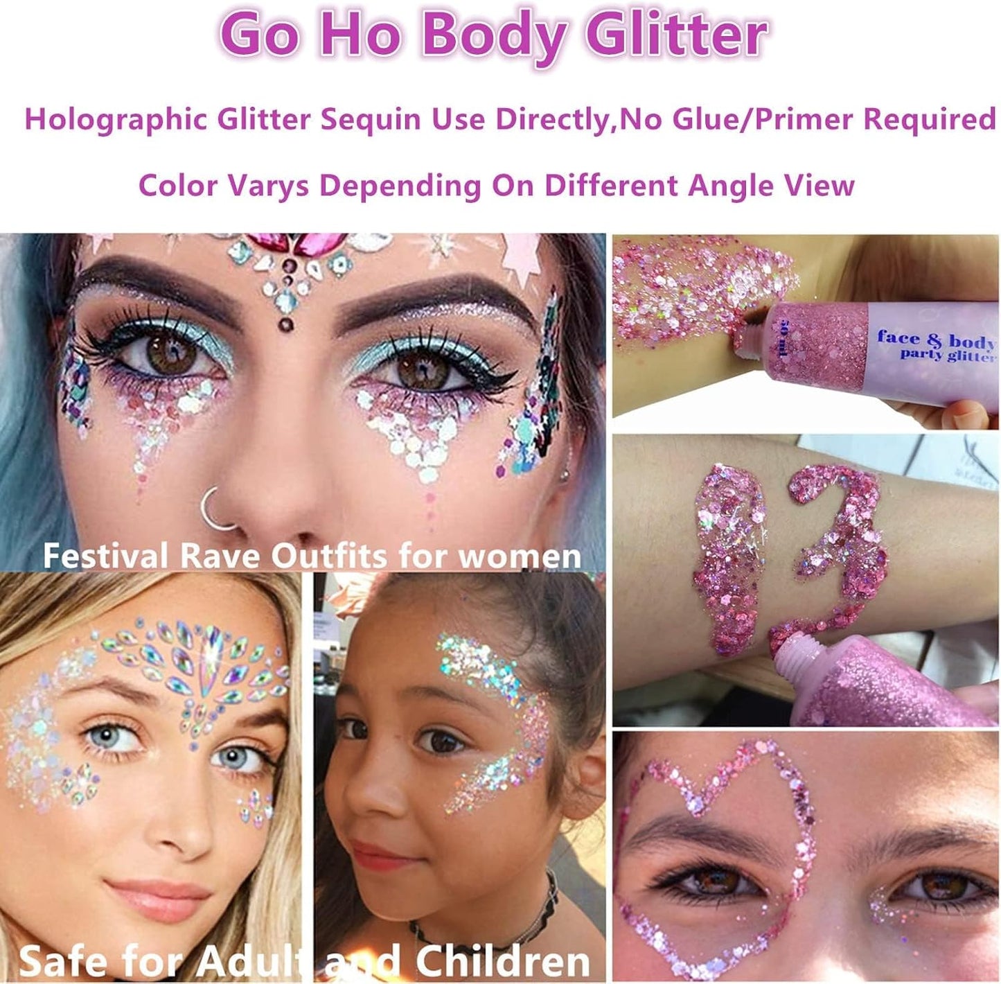 Go Ho White Pink and Blue Body Glitter Set,Singer Concerts Face Glitter Gel Makeup,Holographic Long Lasting Chunky Sequins Glitters for Eye Lip Hair Nails,Festival Rave Accessories