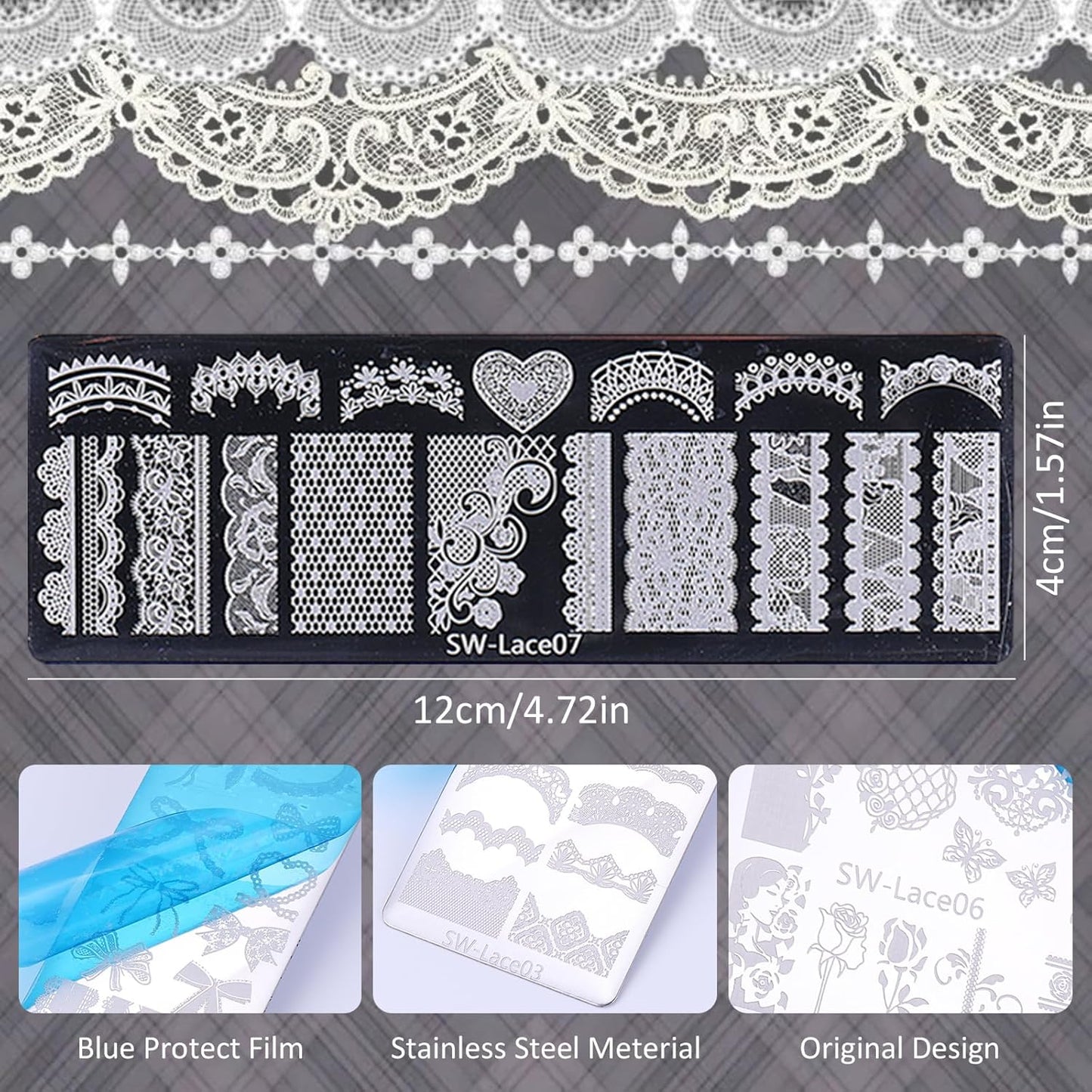 Lace Nail Stamping Plate Set - French Tip Stamp Silicone Nail Stamper Kit Bow Lace Design with Nail Stamp Plates Laser Storage Bag Nail Art Stencil Nail Supplies for Home DIY &Professional Salon