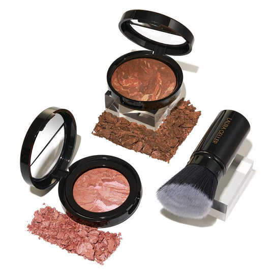 Blush-n-Glow Kit (3 PC): LAURA GELLER NEW YORK Baked Balance-N-Glow Illuminating CC Powder Foundation Toffee, Retractable Kabuki Brush, Baked Blush-N-Brighten Pink Grapefruit