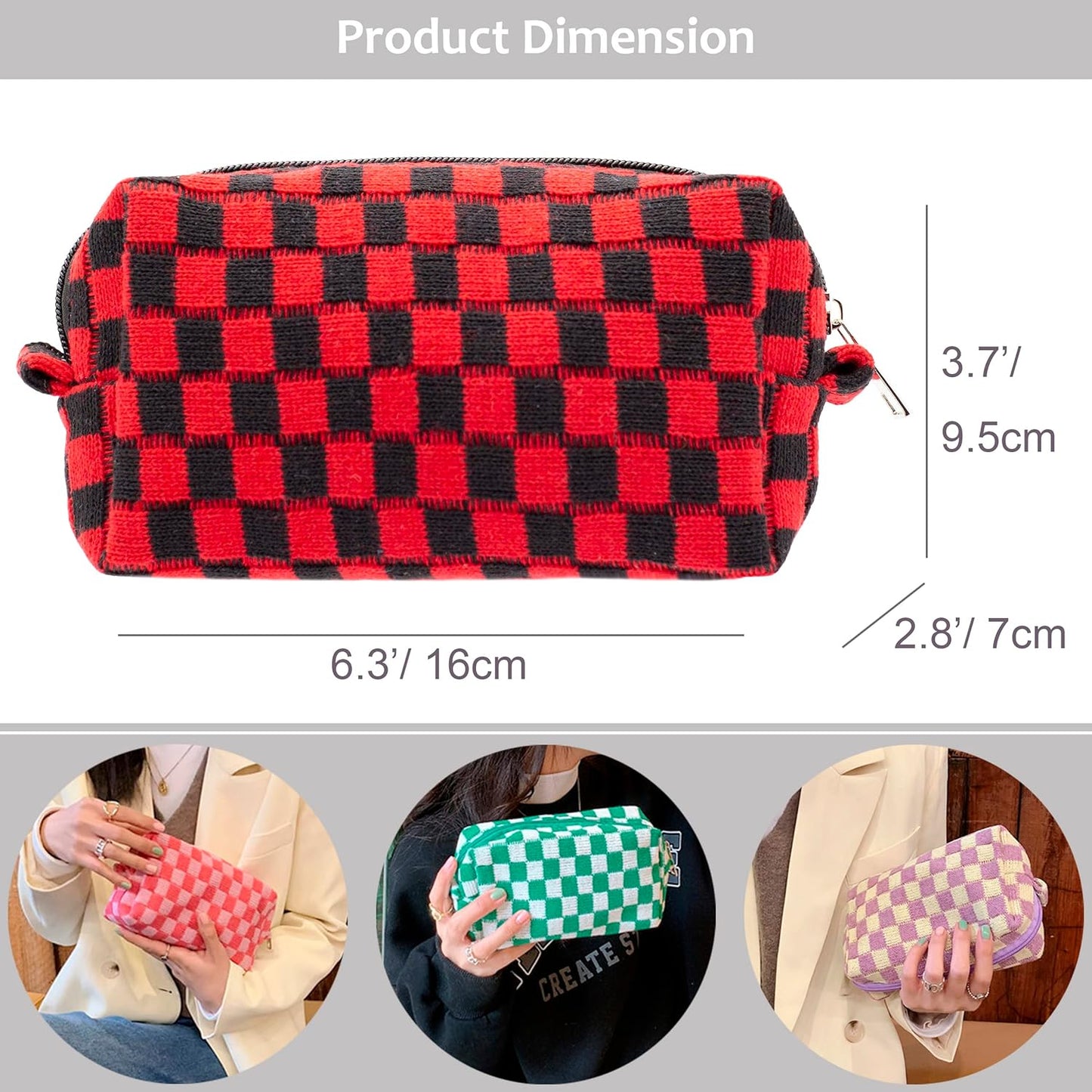 PAZIMIIK Checkered Makeup Bag for Purse Portable Zipper Make Up Pouch Small Cosmetic Case for Travel Accessories (Red Black)