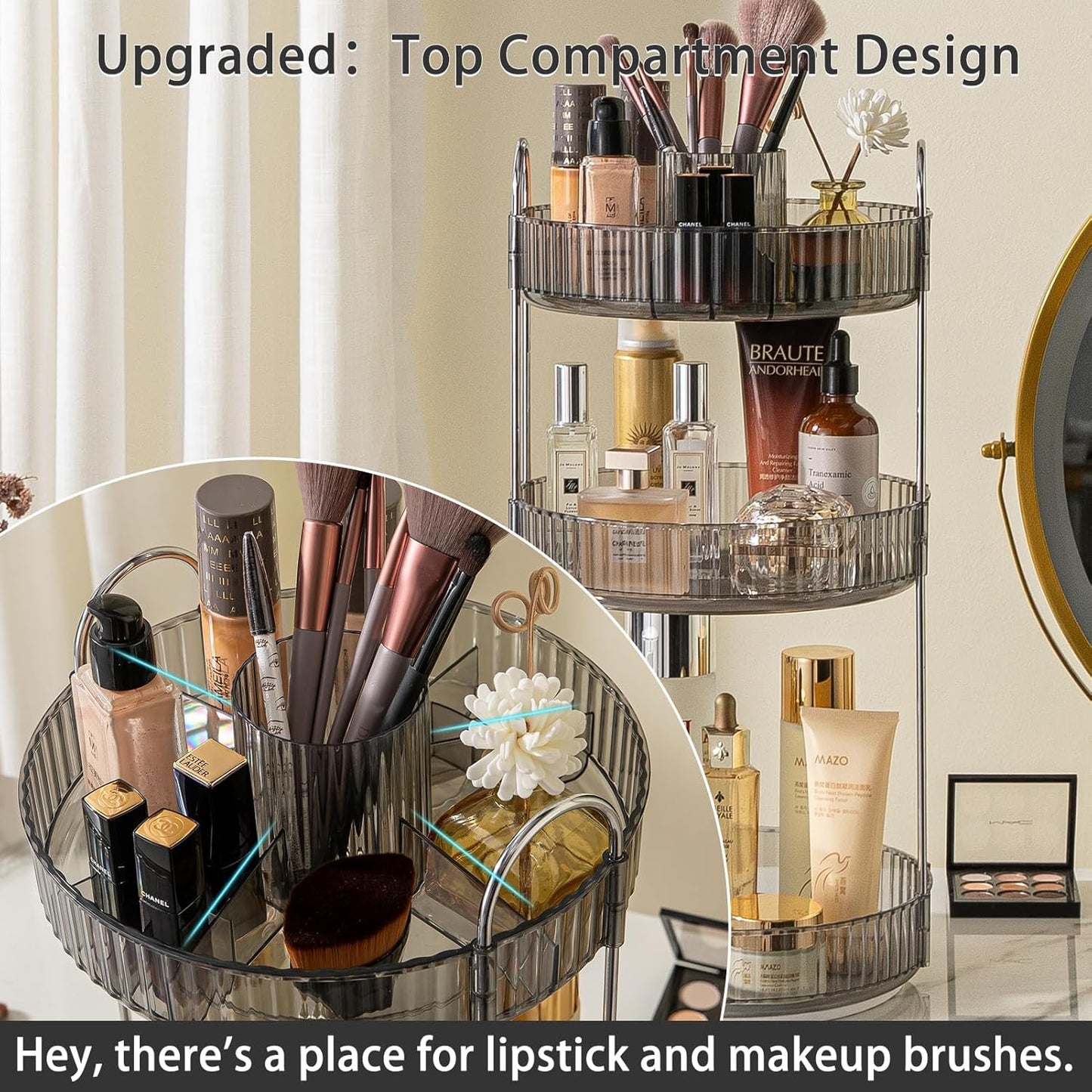 Rotating Makeup Organizer for Vanity, High-Capacity Skincare Clear Make Up Storage Perfume Organizers Cosmetic Dresser Organizer Countertop 360 Spinning (Gray, New-3 Tier)