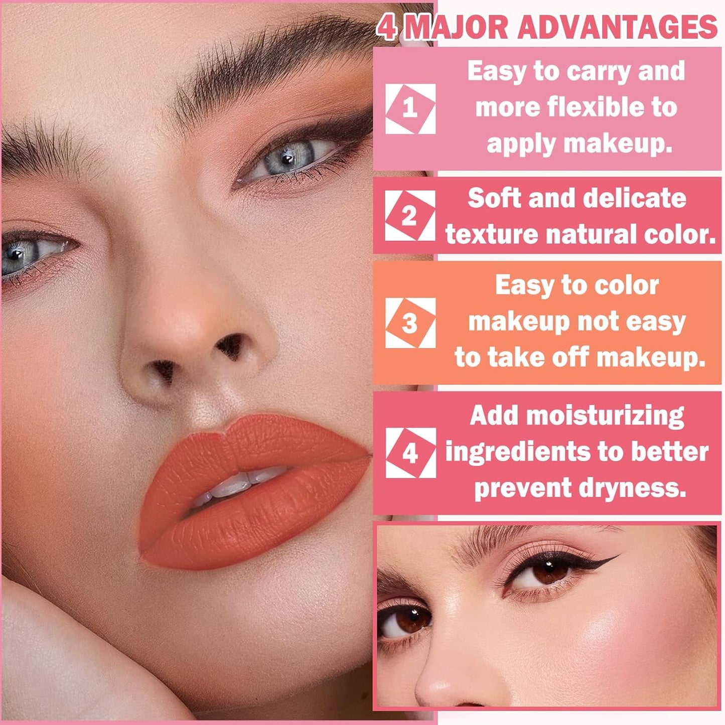 Cream Blush Stick with Brush,Waterproof Blush Makeup,Long Lasting 3 In 1 Cheek Blush & Lip Tint & Eye Shadow Makeup Stick,Easy To Use Blends Effortlessly,Cream Blush Makeup for All Skin Tones - Coral Orange