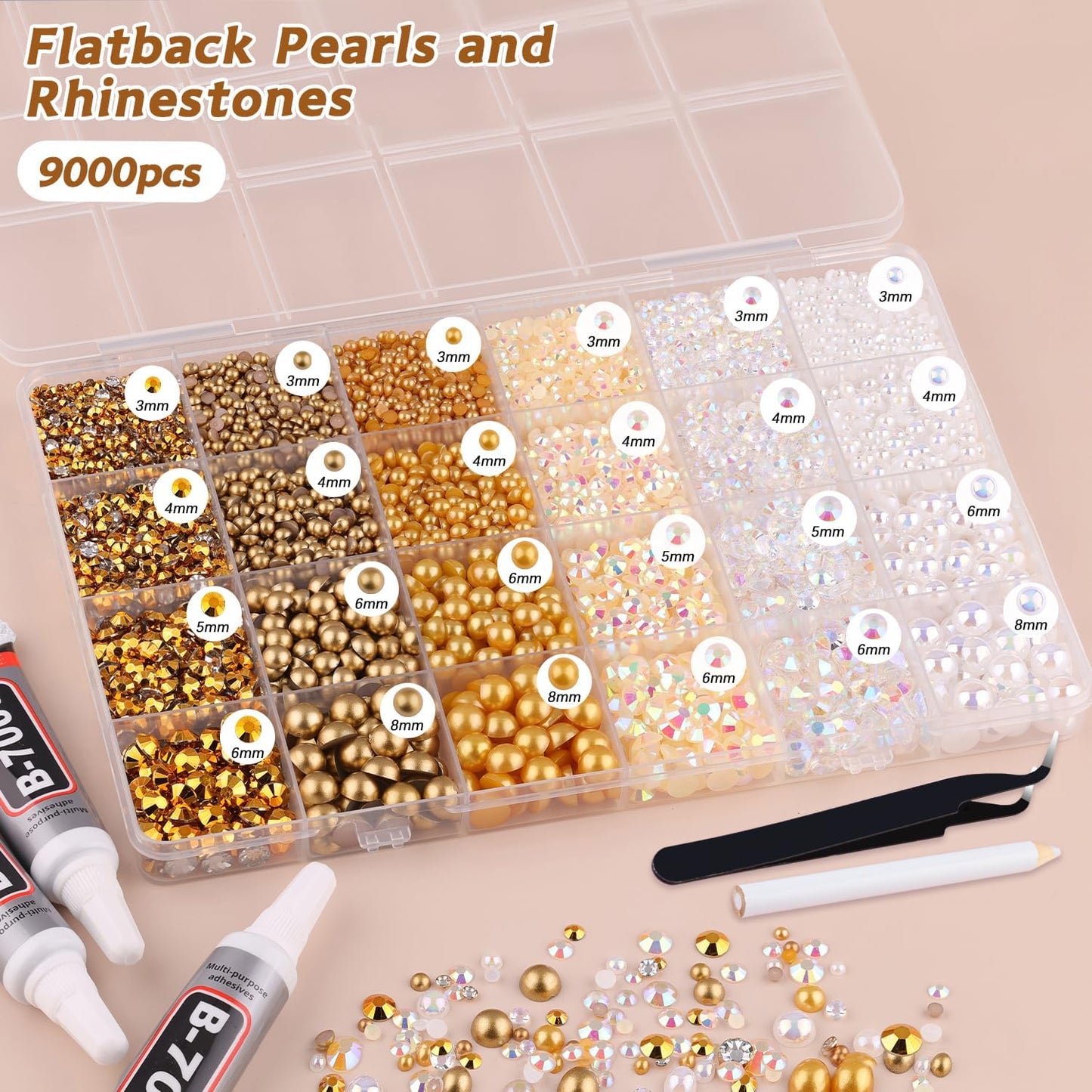 9000PCS Flatback Pearls and Rhinestones for Crafting, White Brown 3-10mm Resin Rhinestones and Half Pearls for Bedazzling, Nail Art and Dec with 3pcs B7000 Jewelry Glue, Tweezer and Pickup Pencil