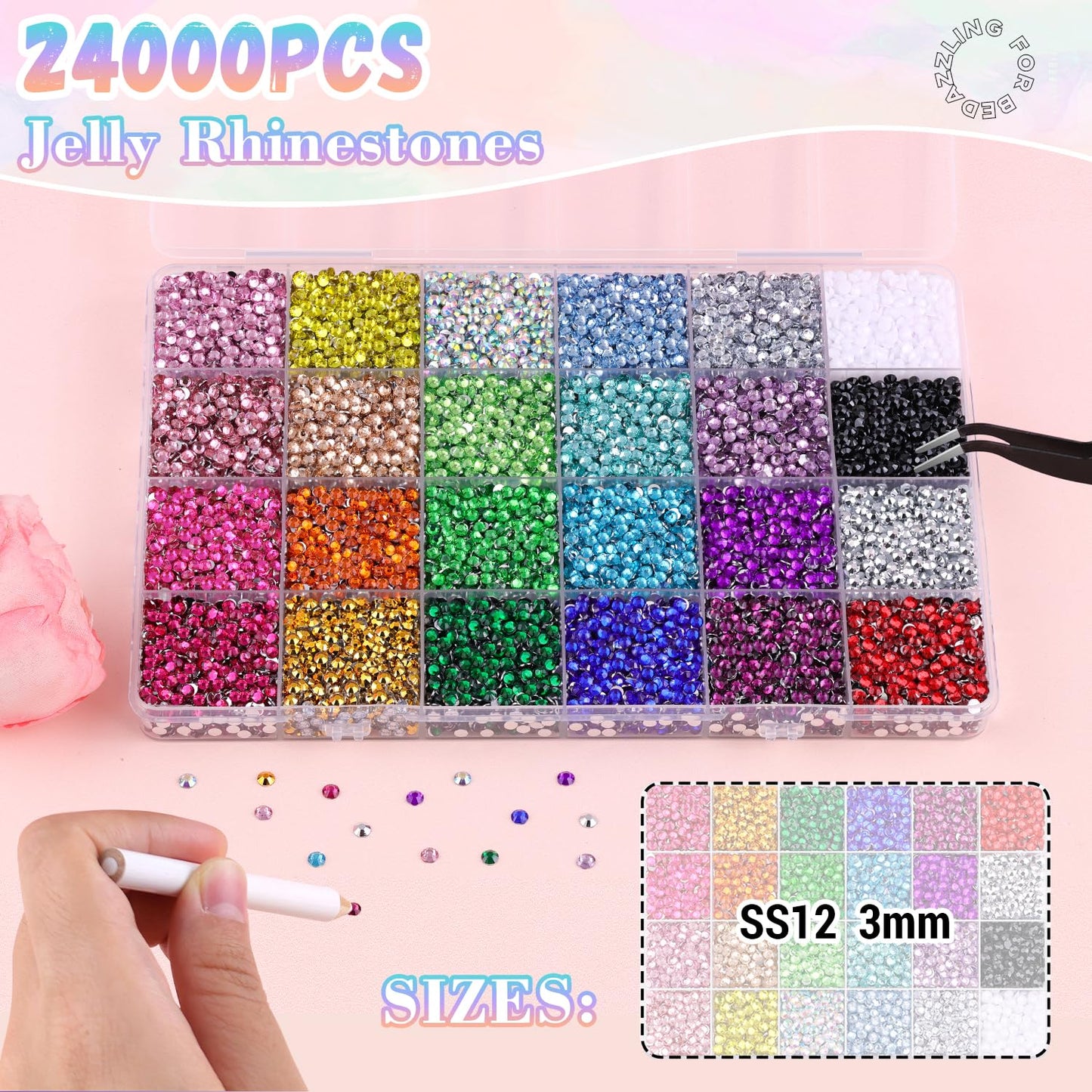 24000Pcs Resin Rhinestones with 3Pcs B7000 Jewelry Glue for Crafting, Multicolors 3mm Non Hotfix Flatback Gems, Bedazzling Crystal for DIY Crafts Clothing Tumblers Mugs Shoes Fabric Decor Nail Art