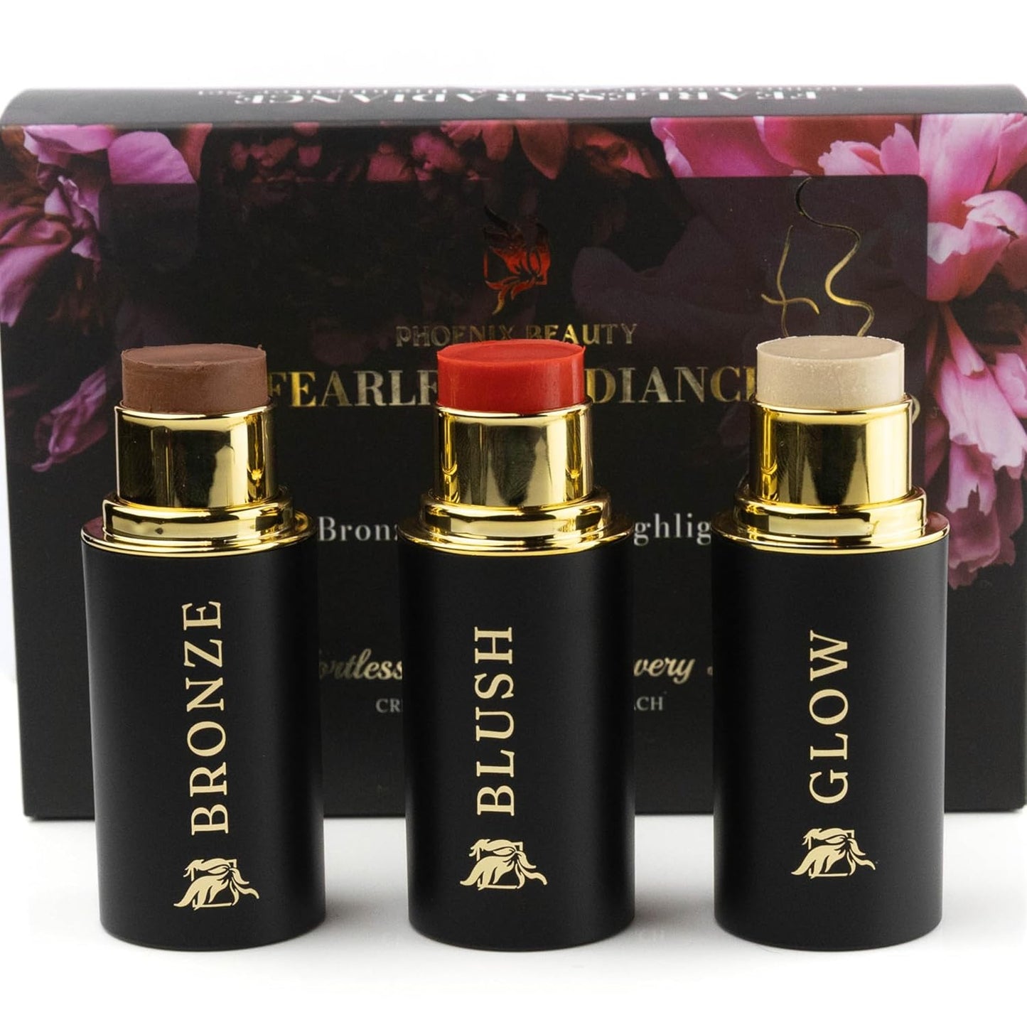 Cream Contour Stick Set – Blush, Bronzer & Highlighter Trio | Hydrating, Buildable, High-Pigment Makeup with Shea Butter & Vitamin E | Phoenix Beauty Gift Set (Luminous)