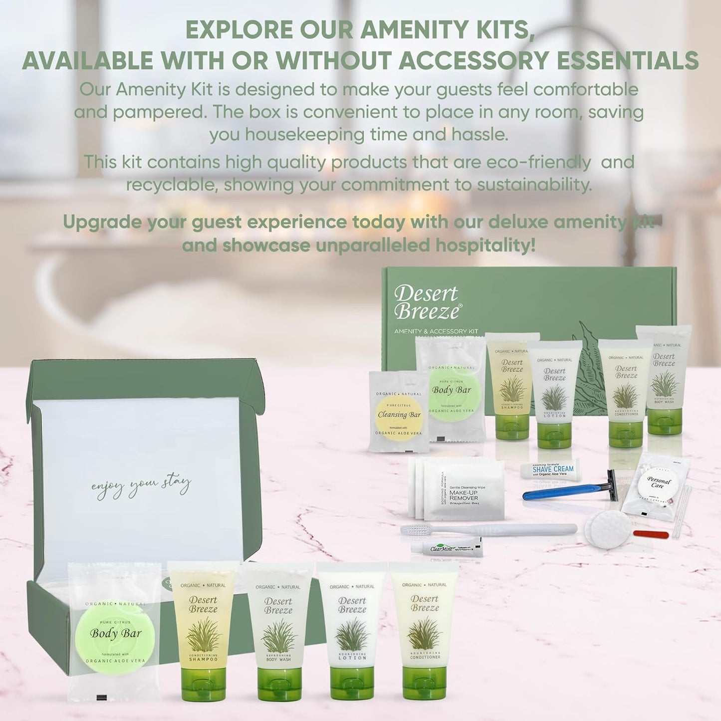 Amenity & Accessory Kit | 1 oz Travel Size Shampoo, Conditioner, Lotion, Body Wash, Body Bar, Cleansing Bar, Shave & Dental Sets, Make-Up Remover Wipes, & Vanity Kit | 1 set per case