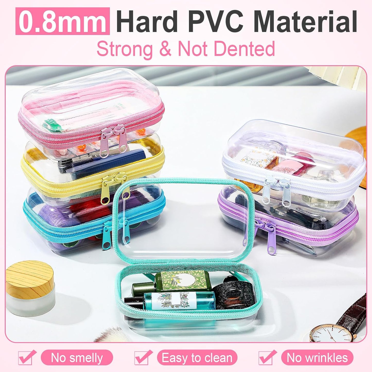 Sanwuta 6 Pcs Clear Hard Zipper Case Pencil Pouches Hard Plastic Zipper Pouches Makeup Bag Transparent Cases for Snacks Plastic Storage Organizer Box for Travel (Colorful,5 x 3 x 2 Inch)