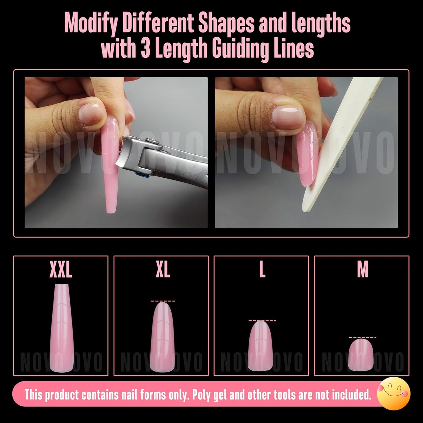 Tapered Square (Natural not Sculpted) Nail Dual Forms for Poly Gel Extension with Guiding Line Inside, XL XXL Reusable Full Cover Acrylic Builder Hard Gel Polygel Molds x 15 sizes 150 Pcs