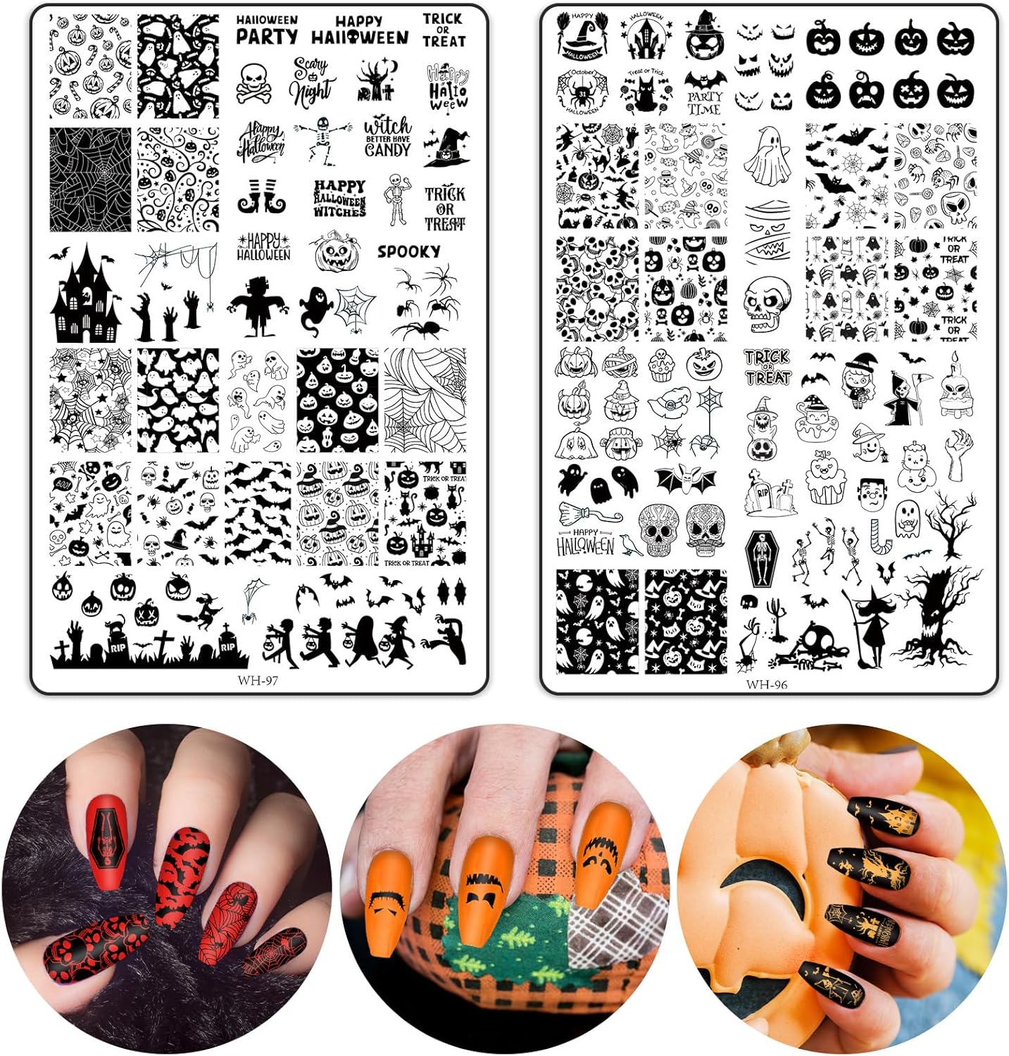 2Pcs Halloween Nail Art Stamping Plate Kit Skull Bat Witch Pumpkin Design Nail Art Plate for Holiday DIY Print Manicure Salon