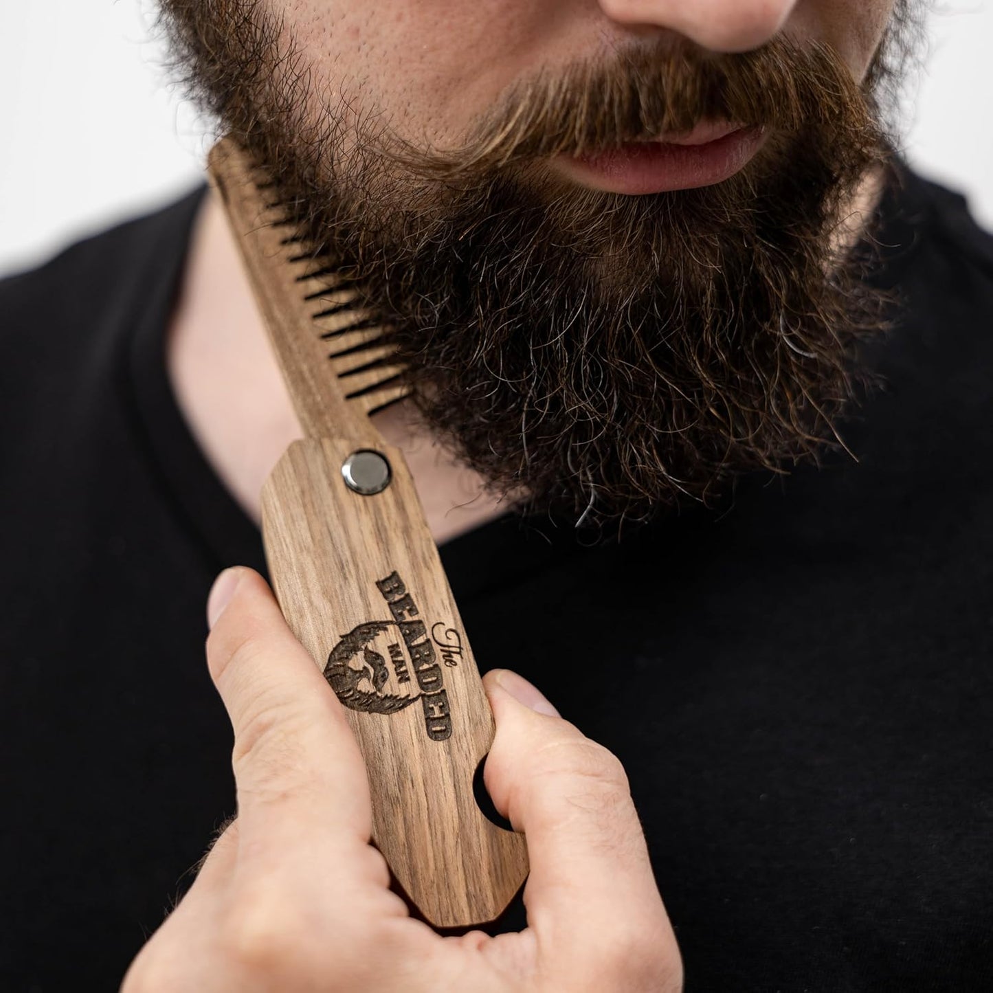 Beard Comb for Men Pocket Folding Combs for Mustache & Hair Travel Natural Wooden Comb with Real Man Engraving - Perfect for Use w/Beard Balm Oil (The Bearded Man)
