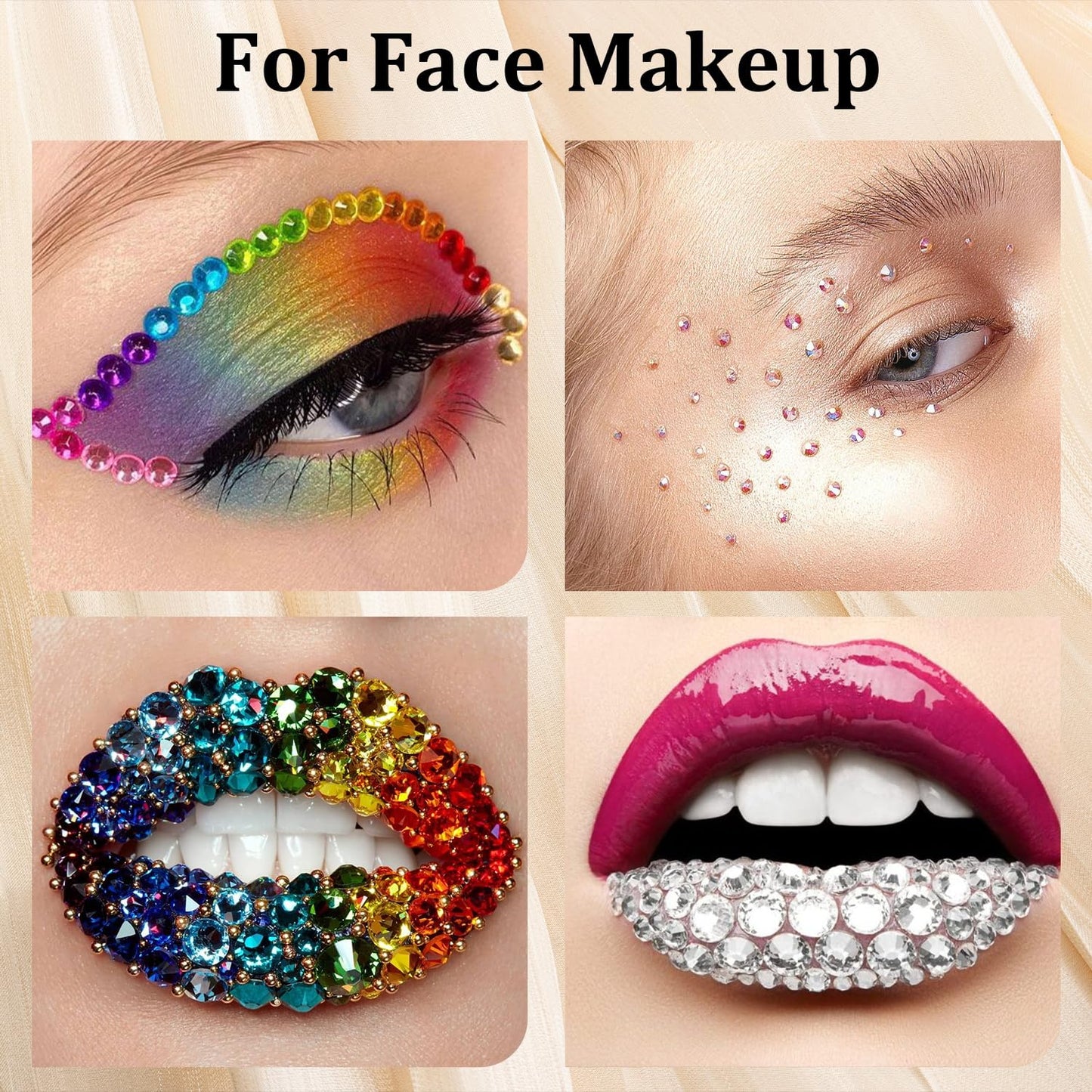 Colorful Face Gems for Makeup Set, Flatback Gorgeous Glass Clear+Mixed-Colored Crystals with Picker Pencil, Makeup Glue, Dual-End Dotting Tool, Tweezer for Eye Body Hair Make-up and Nail Art Deco