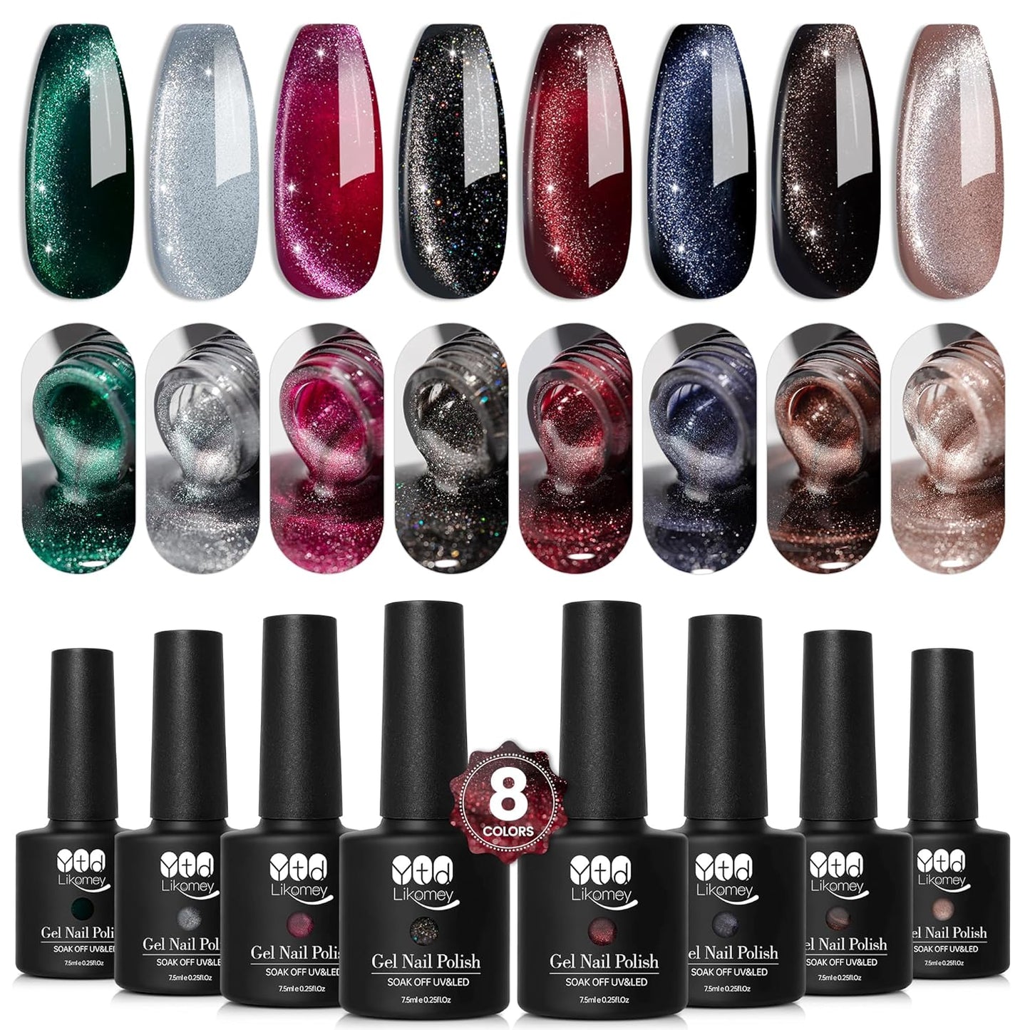 YTD Likomey Cat Eye Gel Nail Polish Set,Fall Winter 8 Colors Crystal Magnetic Glitter with Magnet Stick Kit,Silver Green Blue Black Champagne Gold Brown Plum UV Color Varnish,0.25 Fl Oz 7.5 ml