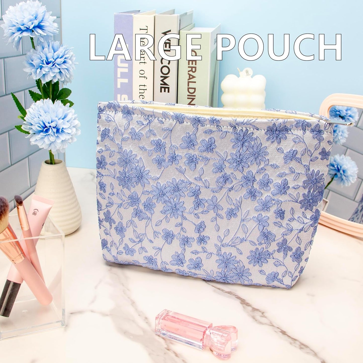 PAZIMIIK Makeup Bag Large Cotton Zipper Pouch for Purse Travel Canvas Make Up Organizer for Women Cosmetic,Brocade Silver