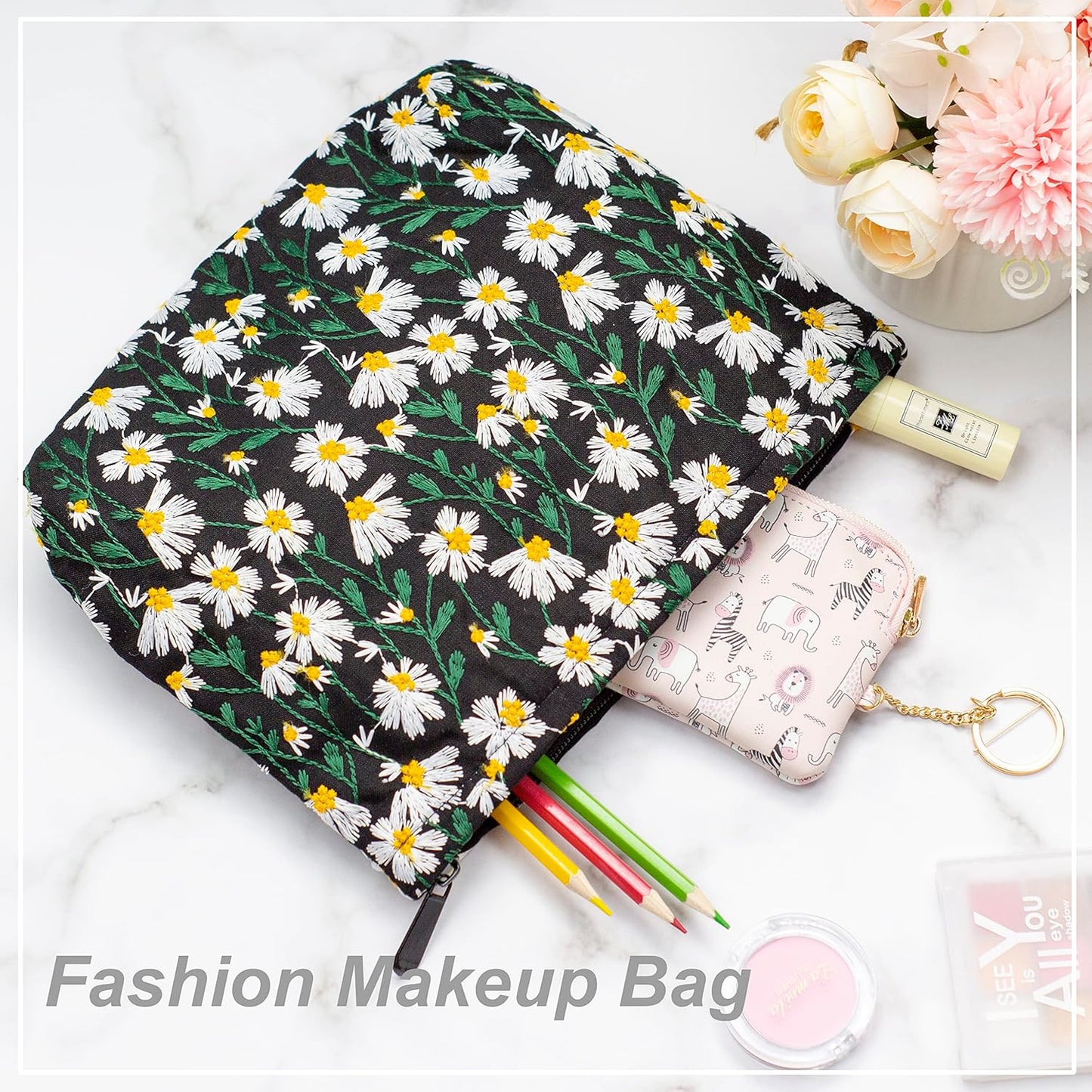 Makeup Bags for Purse Zipper Cosmetic Pouch Large Travel Canvas Make Up Organizer Tool Pouch for Women and Girls,Daisy Black