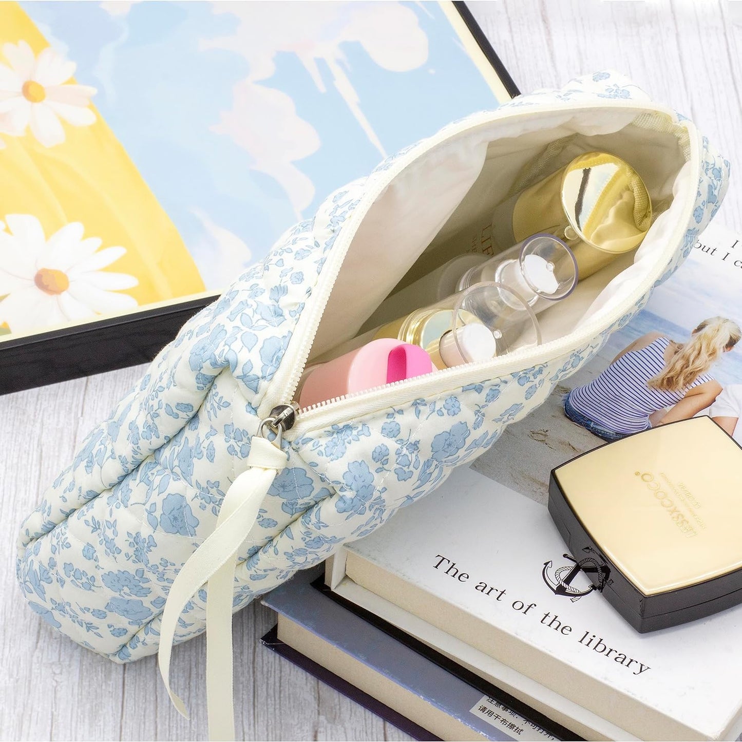 PAZIMIIK 3PCS Makeup Bag SET Large Travel Quilted Zipper Soft Cosmetic Case Pouch for Women Girls Make Up,Little Flower Blue