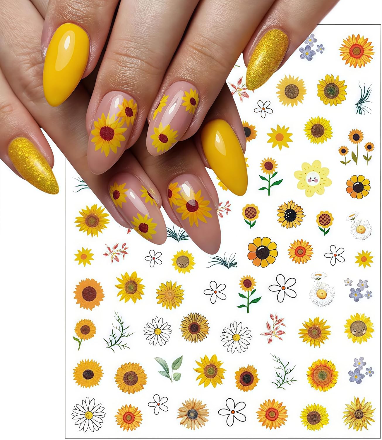 6 Sheets Spring Daisy Nail Art Stickers Sunflower Decals Yellow Daisy Design with Small Daisies White Floral Flowers Sunflowers Leaf for Women Manicure Decorations