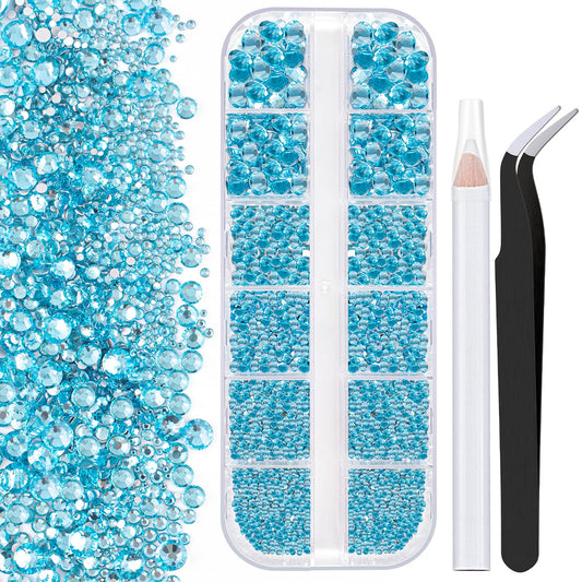 One Pack 2000 Pcs of Flatback Round Lake Blue Rhinestones 6 Sizes (1.5-6 mm) with Nail Art Rhinestone Picker Pencil and Tweezers for DIY and Salon Use