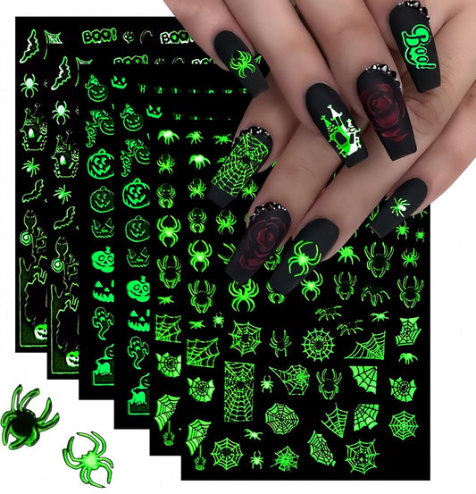 6Sheets Halloween Nail Art Stickers 3D Fluorescent Design Nail Decals Self-Adhesive Halloween Nail Supply Skeleton Pumpkin Spider Ghost Nail Sticker for Holiday Women Girls DIY Manicure Decoration