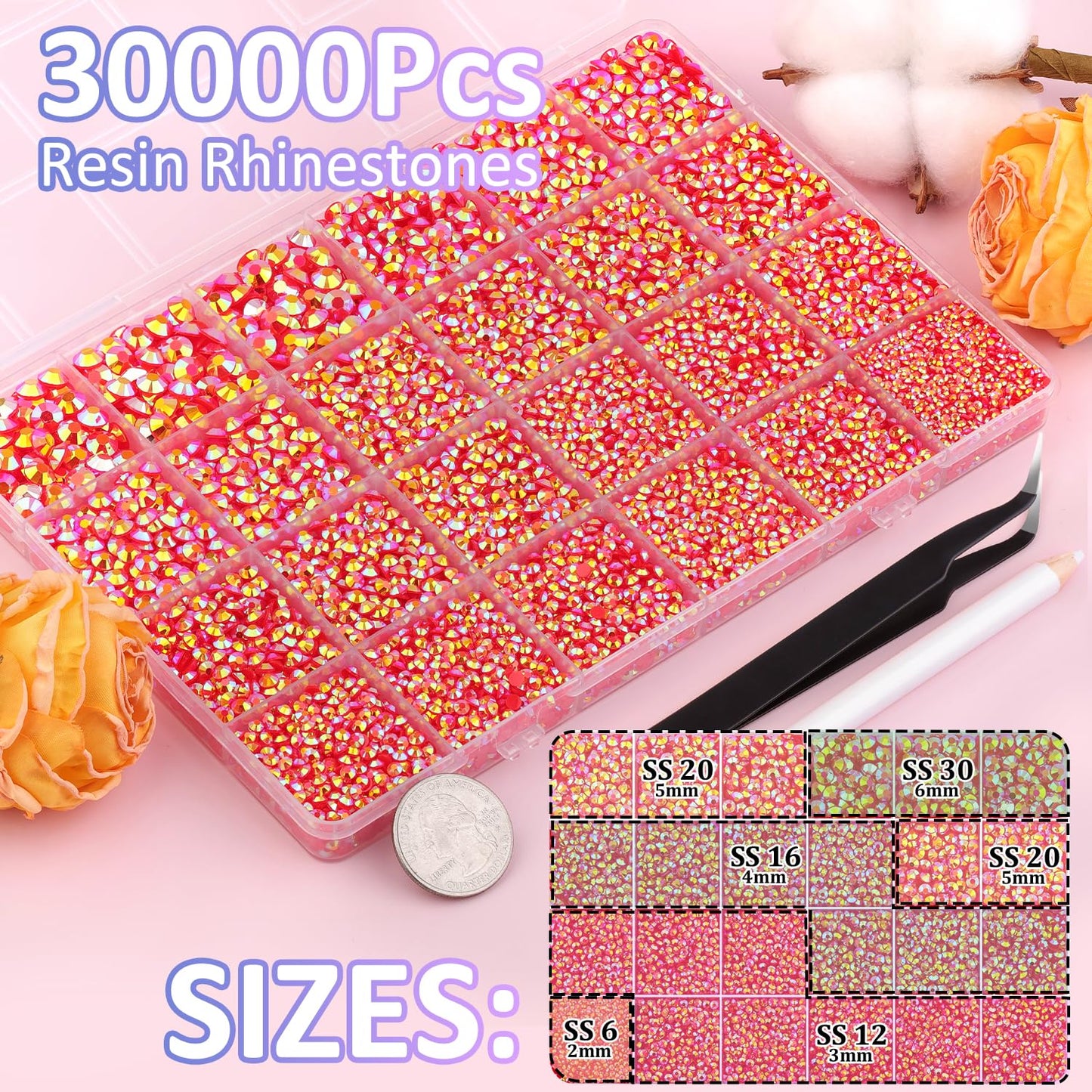 30000Pcs Red AB Rhinestones for Bedazzling with B7000 Jewelry Glue, Bedazzler Kit Flatback Gems, Resin Rhinestones for Crafting Crafts Clothing Shoes Fabric Nail Art Assorted Size 2/3/4/5/6mm