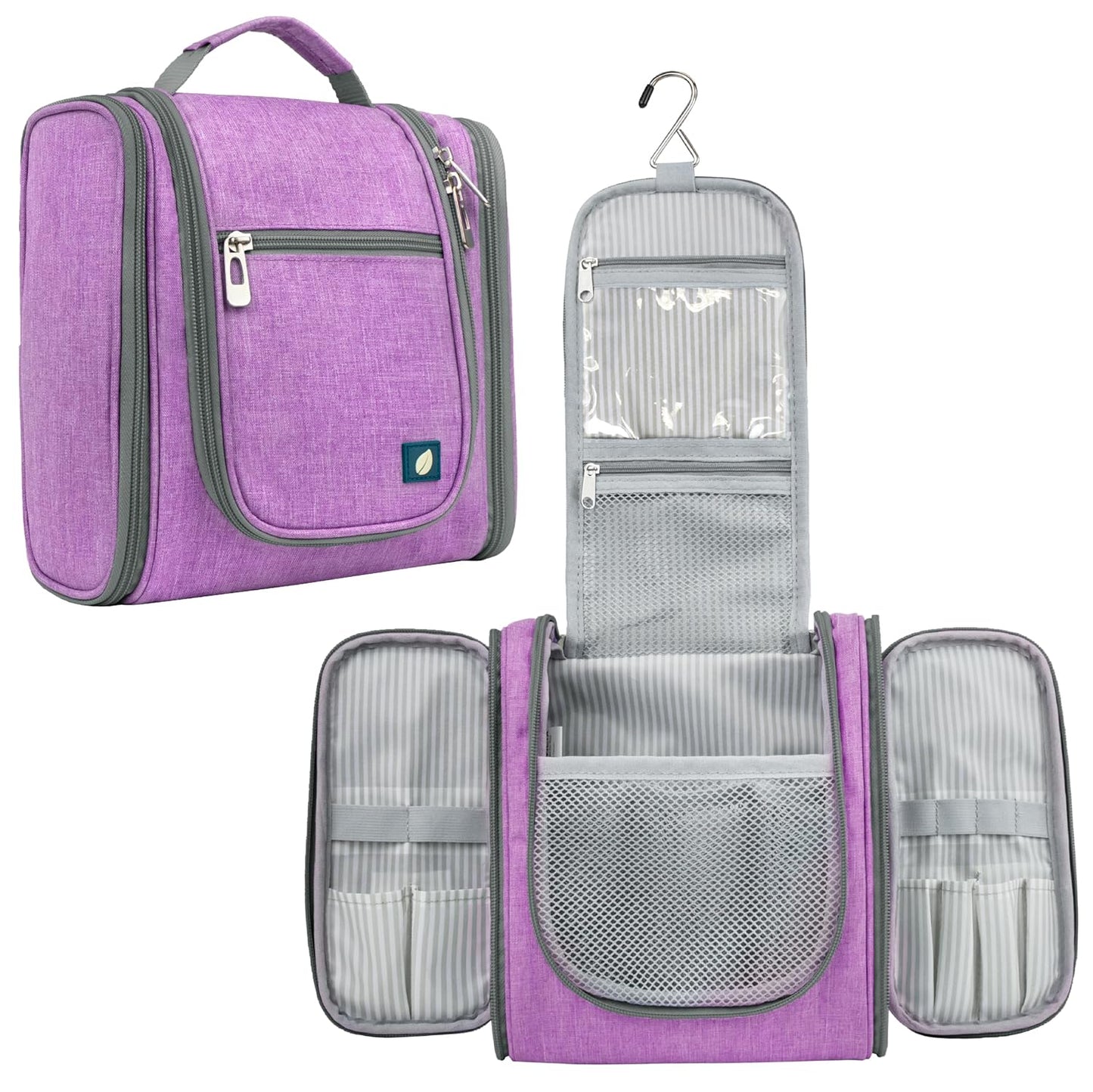 PAVILIA Toiletry Bag Travel Bag for Women Men, Hanging Cosmetic Organizer, Water Resistant Makeup Bag for Accessories Toiletries, Large Travel Essentials Kit (Purple)