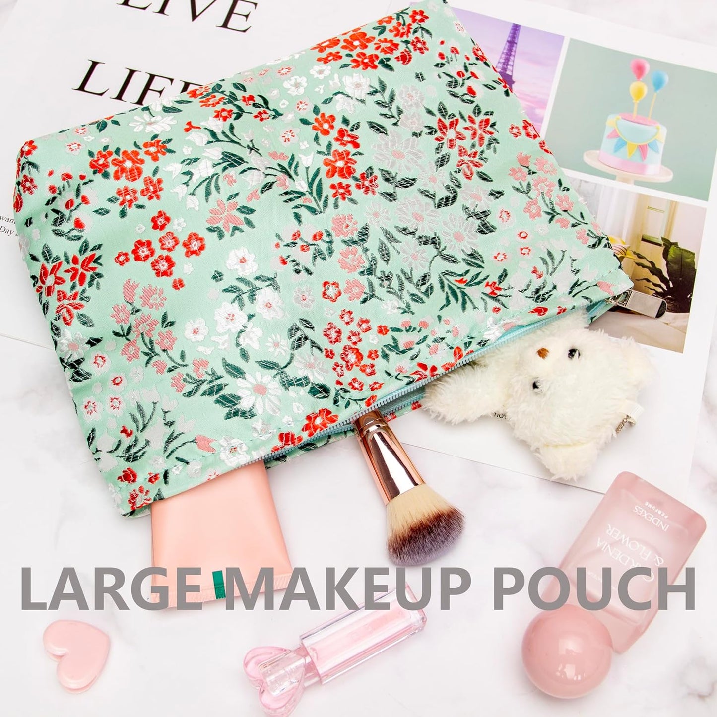 PAZIMIIK Makeup Bag Large Cotton Zipper Pouch for Purse Travel Canvas Make Up Organizer for Women Cosmetic,Brocade Green