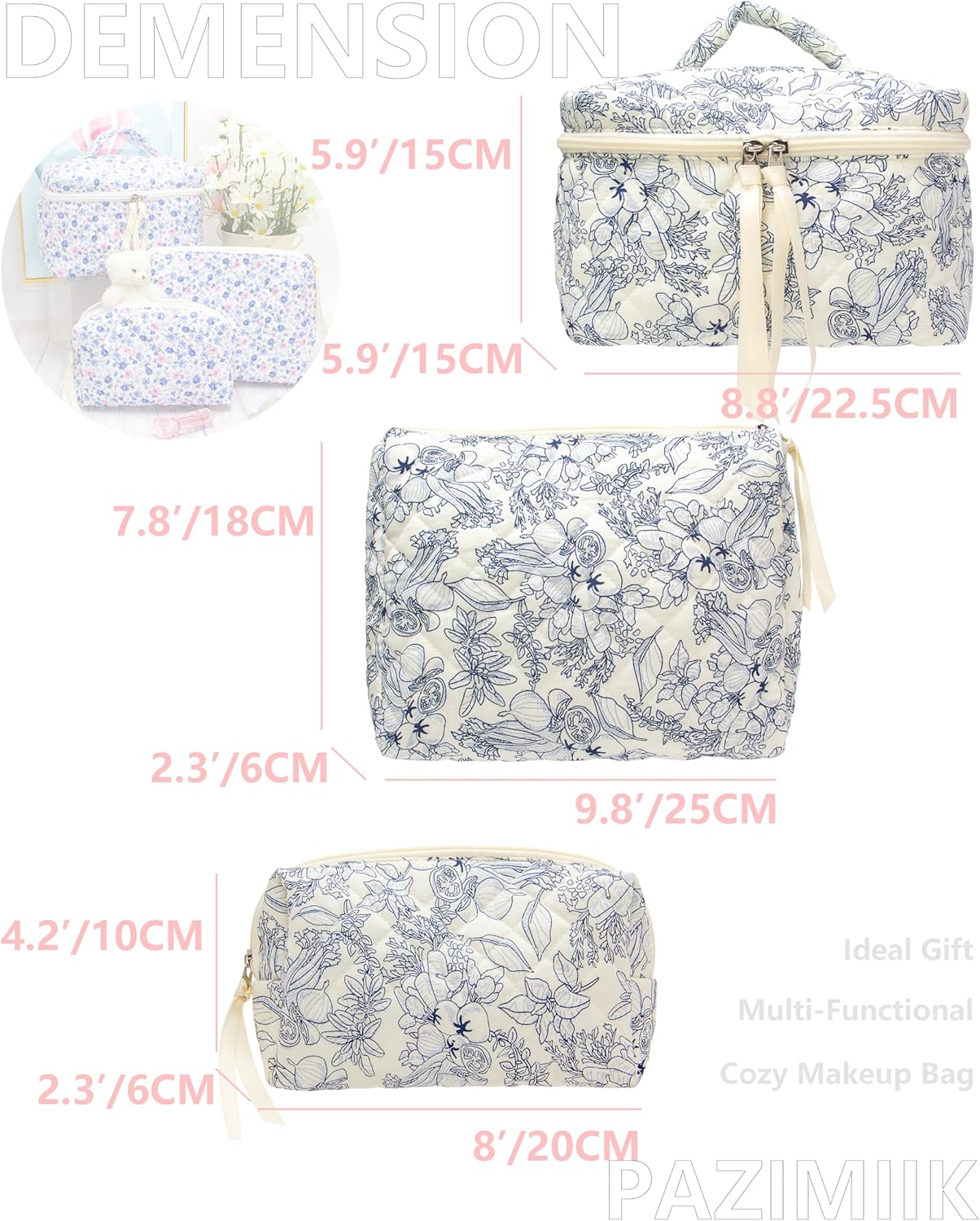 PAZIMIIK 3PCS Makeup Bag SET Large Travel Quilted Zipper Soft Cosmetic Case Pouch for Women Girls Make Up,Flower White