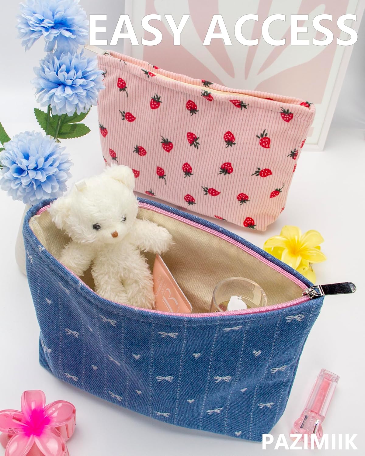 PAZIMIIK Makeup Bag Large Cotton Zipper Pouch for Purse Travel Canvas Make Up Organizer for Women Cosmetic,Jean Blue