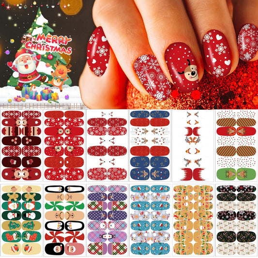 12 Sheets Christmas Nail Wraps Full Stickers Nail Polish Strips, DIY Self-Adhesive Nail Art Glitter Decals Santa Claus Reindeer Xmas Hat Pattern with 2 Piece Nail Files for Party Decor (168 Pieces)
