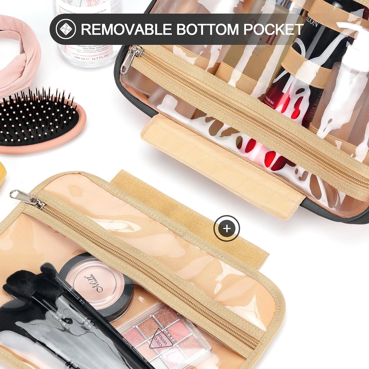 Travel Hanging Toiletry Bag for Women, Large Makeup Bag 8 Leak Proofing Silicone Bottle Covers, Waterproof Cosmetic Bag with Jewelry Organizer Compartment, Toiletries Kit Set, Black