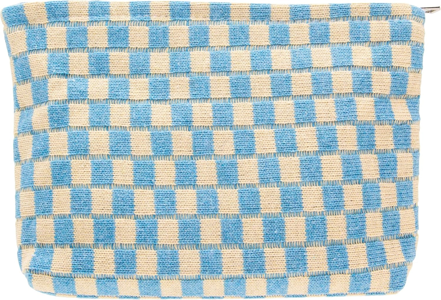 PAZIMIIK Knitted Checkered Makeup Bag Large Zipper Make Up Accessory Pouch for Purse Cosmetic Brush Bag for Travel Essential Blue Beige