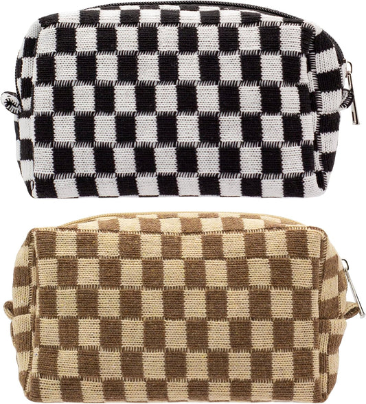 PAZIMIIK Checkered Makeup Bag for Purse Portable Zipper Make Up Pouch Small Cosmetic Case for Travel Accessories (2PCS Black Coffee)