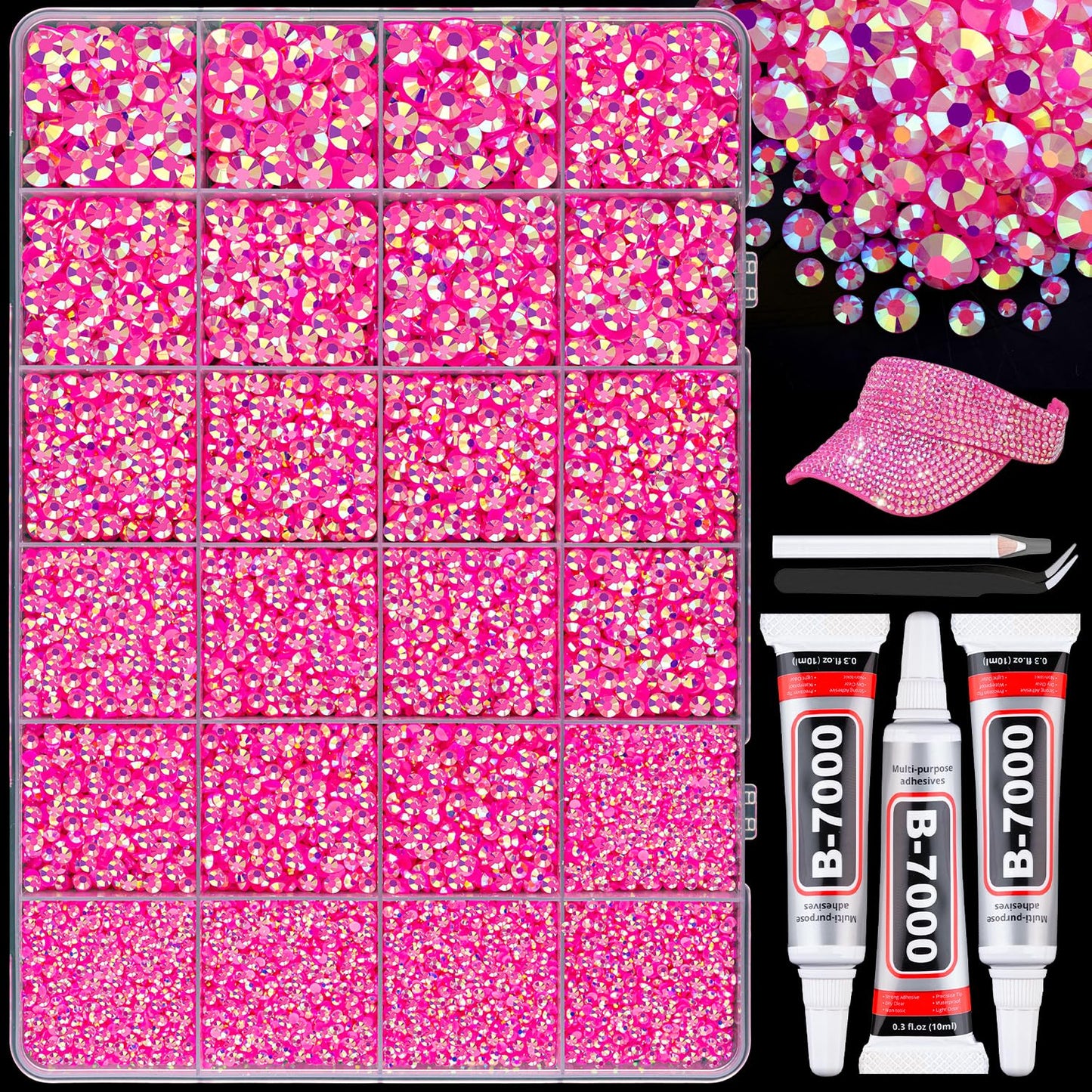 25000Pcs Resin Rhinestones with B7000 Jewelry Glue for Crafting, Hot Pink AB 2-6mm Non Hotfix Flatback Gems, Bedazzling Crystal for DIY Crafts Clothing Tumblers Mugs Shoes Fabric Decor Nail Art