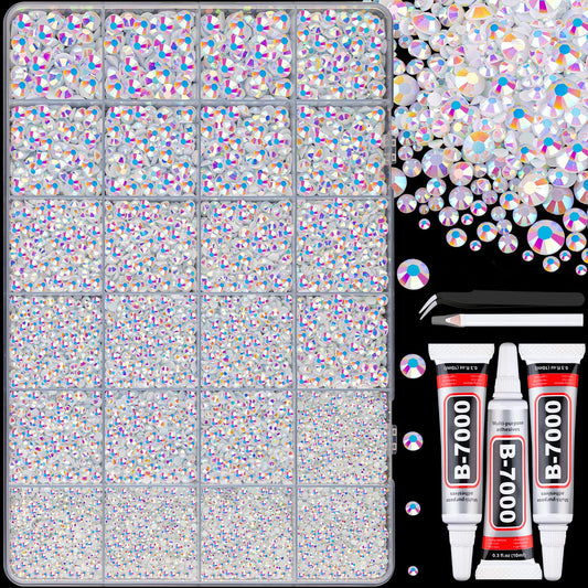 25000Pcs Resin Jelly Rhinestones with Tweezers for Crafting, White AB Flatback Gems, Bedazzling Crystal with 3Pcs 10ml B7000 Jewelry Glue for DIY Crafts Clothing Tumblers Shoes Fabric Nail Art