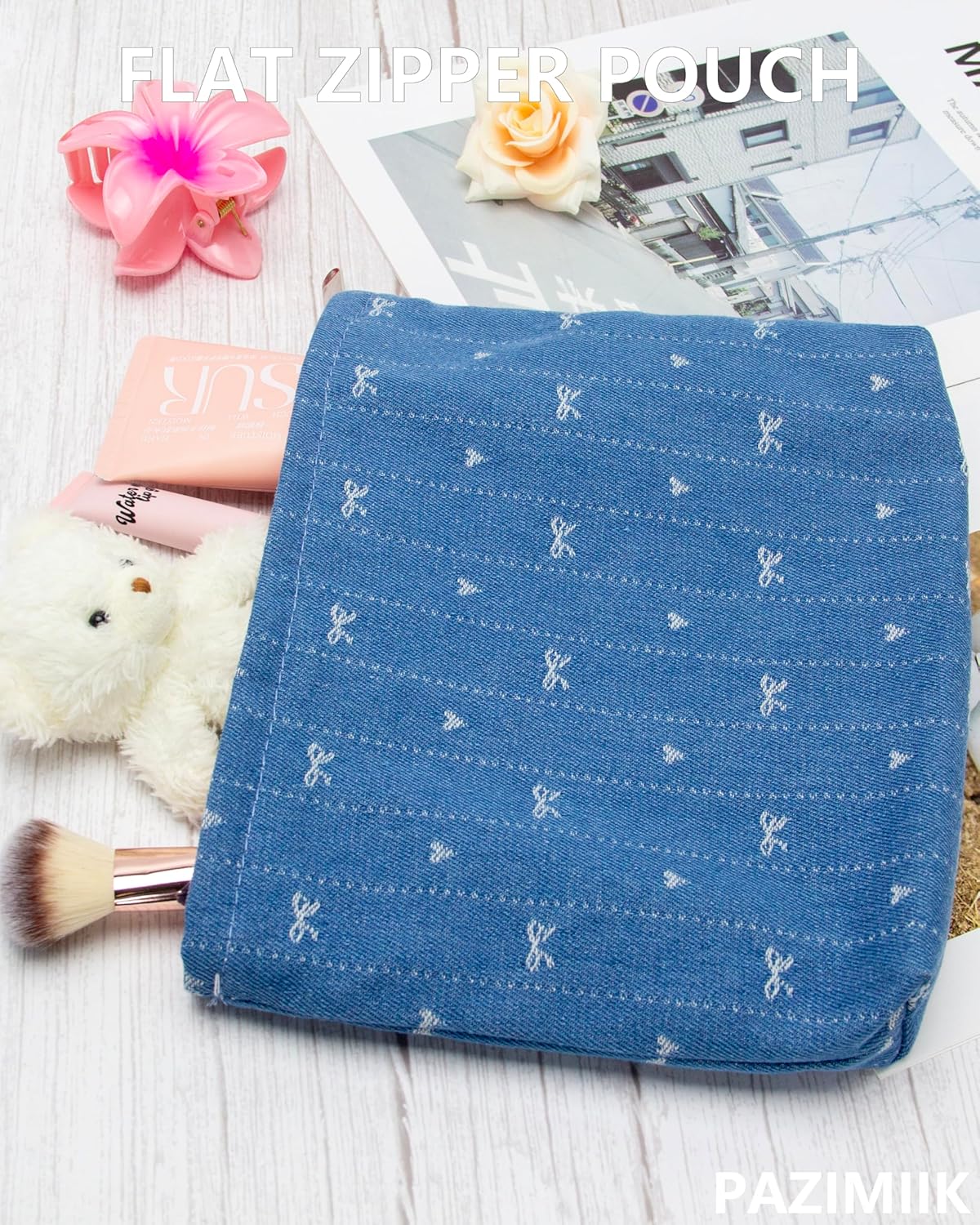 PAZIMIIK Makeup Bag Large Cotton Zipper Pouch for Purse Travel Canvas Make Up Organizer for Women Cosmetic,Jean Blue