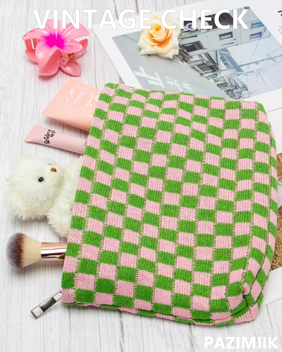 PAZIMIIK Knitted Checkered Makeup Bag Large Zipper Make Up Accessory Pouch for Purse Cosmetic Brush Bag for Travel Essential Pink Green