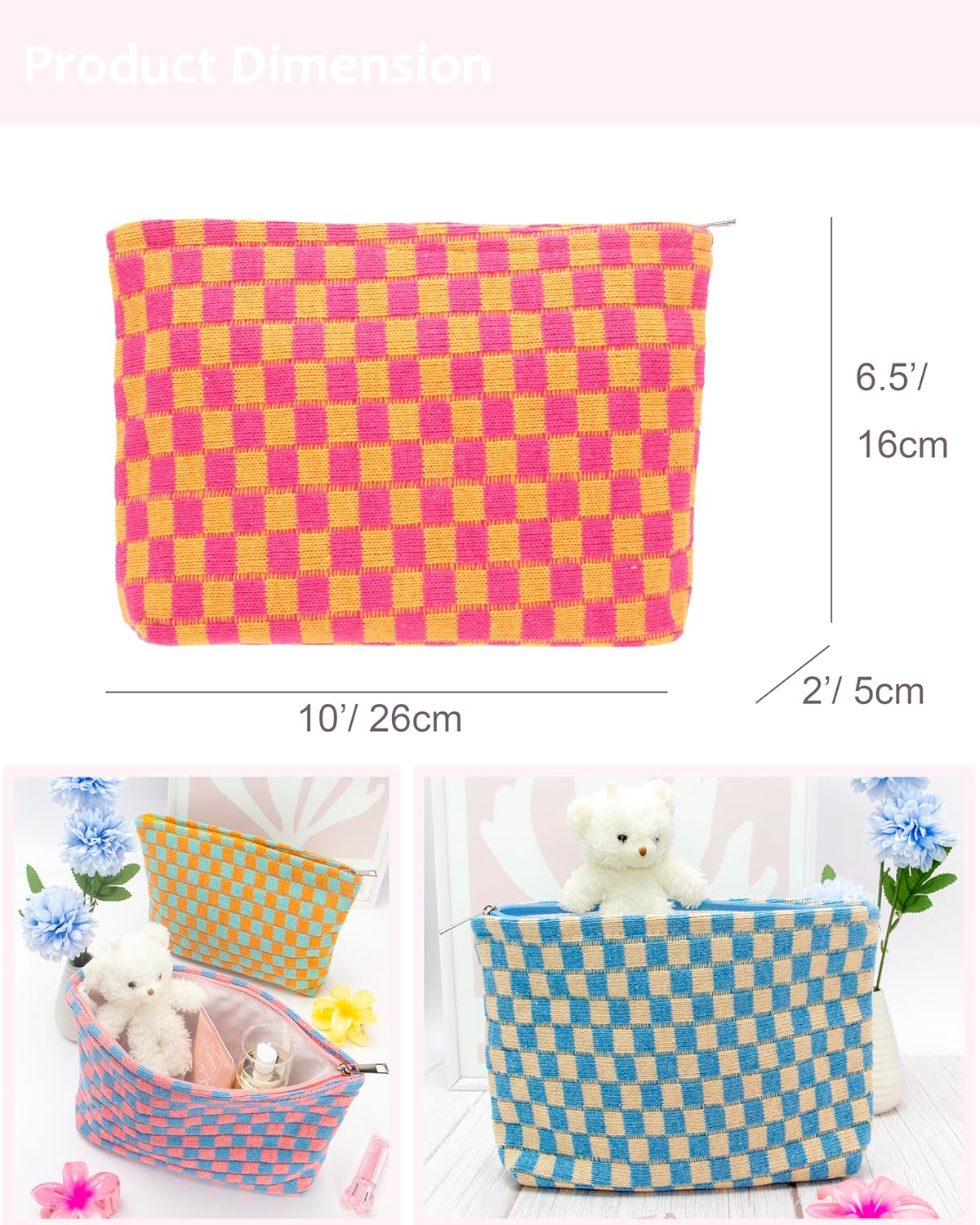 PAZIMIIK Knitted Checkered Makeup Bag Large Zipper Make Up Accessory Pouch for Purse Cosmetic Brush Bag for Travel Red Orange