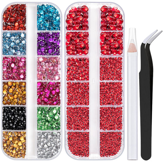 Two Packs of Flatback Rhinestones 4520 Pcs Colorful Nail Art Rhinestones Flatback Crystal Colorful+Red Rhinestone with Picker Pencil and Tweezer for Nail Art and Decoration