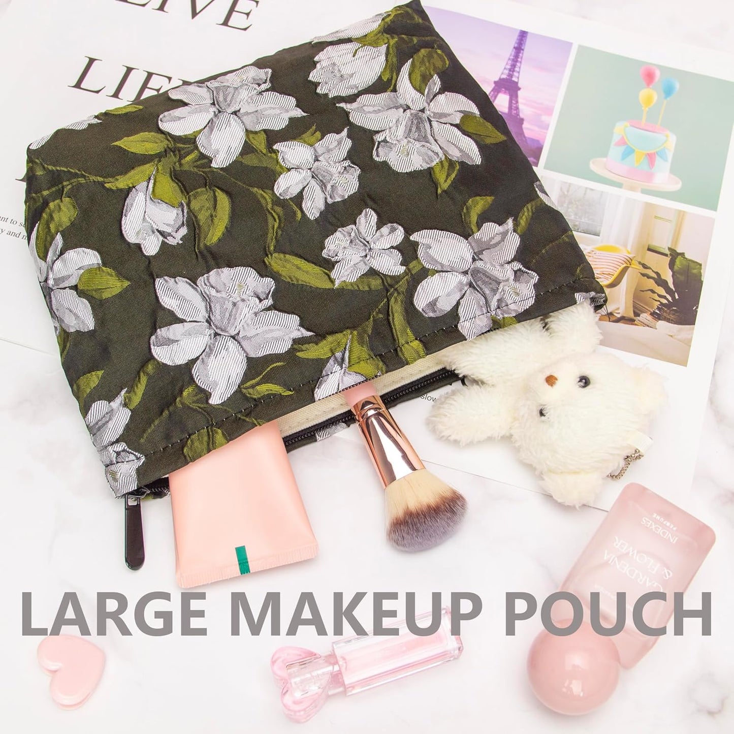 PAZIMIIK Makeup Bag Large Cotton Zipper Pouch for Purse Travel Canvas Make Up Organizer for Women Cosmetic,Brocade Floral Black