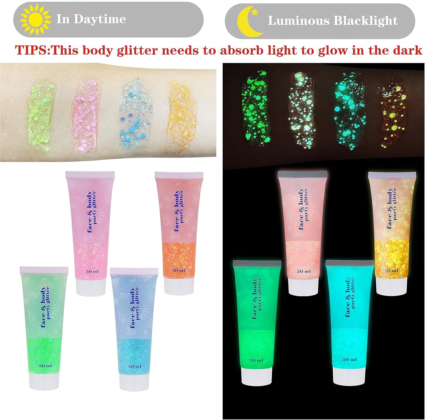 MEICOLY Neon Blue Body Glitter Gel,UV Blacklight Chunky Face Glitter Gel,Glow in The Dark Glitter Paint,Singer Concert Music Festival Party Rave Accessories,Halloween Glitter Makeup for Women,50ml