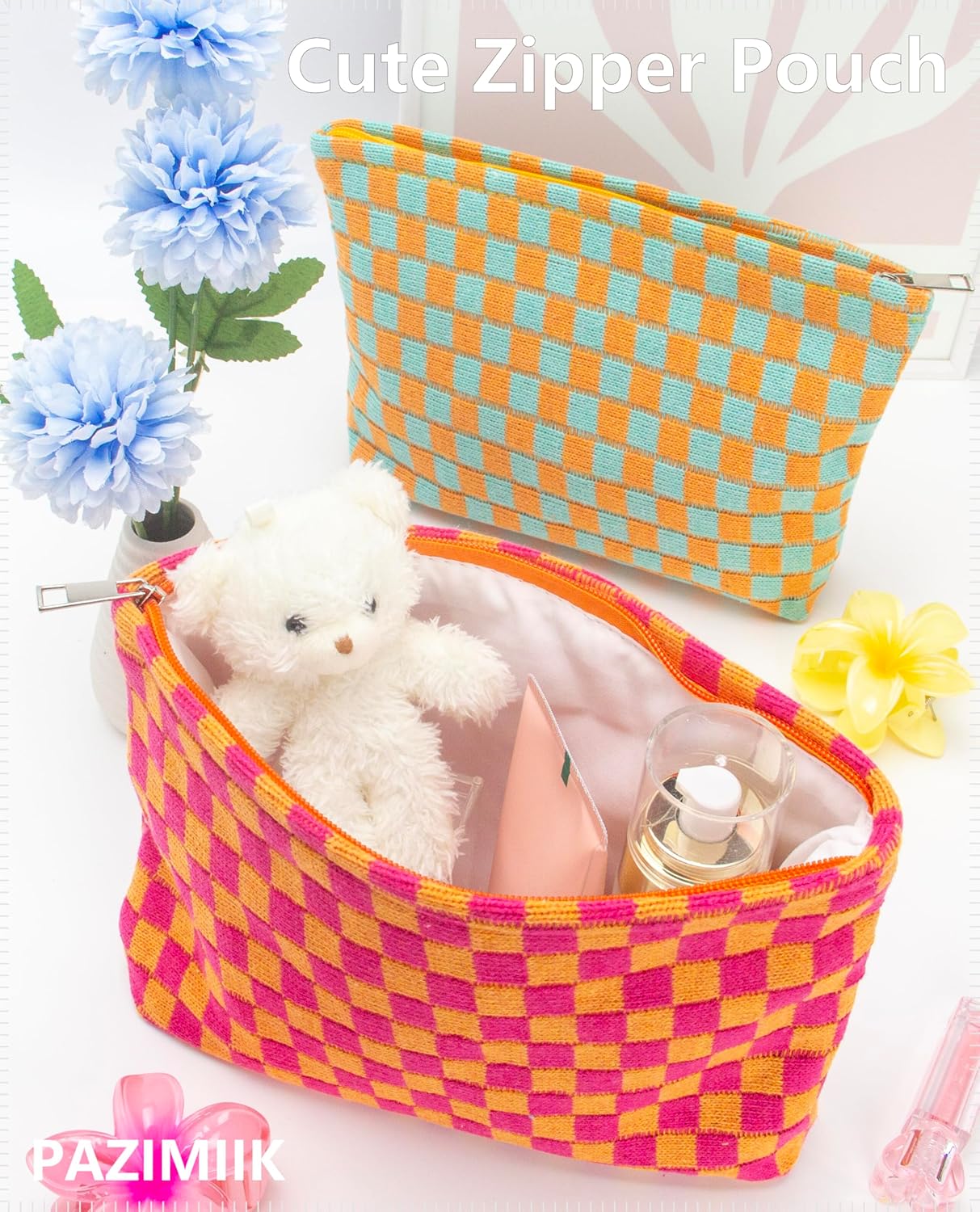 PAZIMIIK Knitted Checkered Makeup Bag Large Zipper Make Up Accessory Pouch for Purse Cosmetic Brush Bag for Travel Red Orange