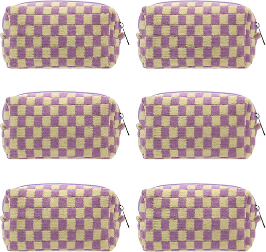PAZIMIIK Checkered Makeup Bag for Purse Portable Zipper Make Up Pouch Small Cosmetic Case for Travel Accessories (6PCS Purple)