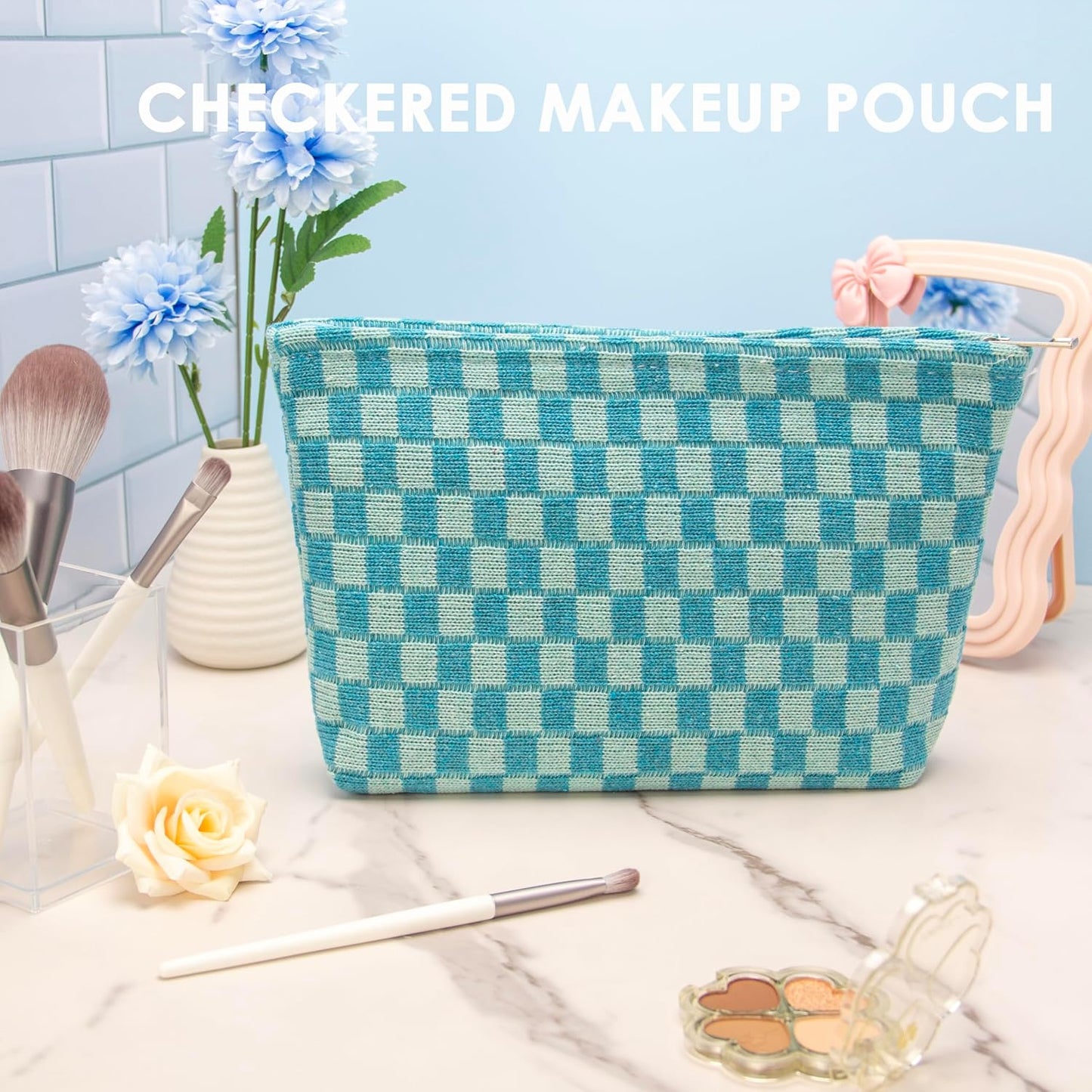 PAZIMIIK Knitted Checkered Makeup Bag Large Zipper Make Up Accessory Pouch for Purse Cosmetic Brush Bag for Travel Essential Lake Blue